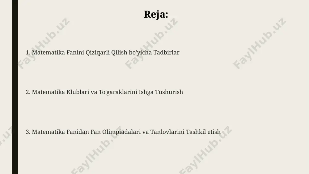 ilimlarini hisobga olgan holda, 4 bosqichli (taqdimot, mustaqil ishlar, guruhdagi ishlar, yakuniy baholash) o'quv jarayonini loyihalash foydalidir. matematika fanidan qo'shimcha mashg'ulotlarni tashkil etishning ahamiyati matematika fanidan qo'shimcha mashg'ulotlar o'quvchilarning matematik ko'nikmalarini 20-30% ga oshirishga, murakkab masalalarni yechish qobiliyatlarini rivojlantirishga va olimpiada, test sinovlarida yuqori natijalarga erishishga yordam beradi. qo'shimcha mashg'ulotlar individual yondashuv imkonini beradi, o'quvchilarning 5-10% qiyinchiliklarga duch kelayotgan mavzularda chuqurroq tushunishga va bilim bo'shliqlarini to'ldirishga yordam beradi. matematika fanidan qo'shimcha mashg'ulotlar mantiqiy fikrlash, muammo hal qilish va algoritmik fikrlash kabi muhim ko'nikmalarni rivojlantirishga, shuningdek, o'quvchilarning 15-25% o'ziga bo'lgan ishonchini oshirishga hissa qo'shadi. samaralilikni baholash va takomillashtirish samarali matematikadan tashqari faoliyatlarni baholashda, ishtirokchilarning 75% dan ortiq faolligi va 90% dan yuqori darajada qoniqish ko'rsatkichlari muvaffaqiyatli dastur belgisi hisoblanadi. samarali faoliyatlarni takomillashtirish uchun kamida 3 ta turli baholash usuli (masalan, so'rovnomalar, kuzatuvlar, testlar) qo'llanilishi va natijalar tahlili asosida 2 oy ichida tuzatishlar kiritilishi kerak. o'quvchilarning matematik qobiliyatlarini rivojlantirishda, tashkiliy faoliyatlar samaradorligini …