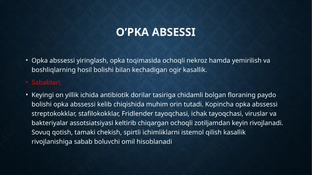volash. o�pkadagi yiringli kasalliklarni davolash bronxlar drenaj xossasini tiklash va o�pkadagi yiringlash o�chog�ini yo�qotish, kasallik qo�zg�atgan mikroorganizmlarga ta�sir qilish, zaharlanish simptomlariga qarshi kurash, bemorning kasallikka chidamliligini oshirish tadbirlarini o�z ichiga oladi o�pkadagi yiringlash o�chog�i bronxoskopiya, ko�krak qafasini punksiya qilish, bemorni balg�am ko�chishini yengillashtiradigan holatda yotqizib qo�yish, aerozollar bilan davolash, davolash gimnastikasi kabi omillardan foydalanib yo�qotiladi. yuqori dozada antibiotiklar: penitsillin, ampitsillin, oksatsillin, klaforan, separin, dalatsin kabilarni bemorga ichirish, mushak orasiga, vena qon tomiriga, traxeyaga yuborish tavsiya qilinadi. zaharlanish belgilariga qarshi kurashish uchun 400 ml dan glukoza, gemodez vena qon tomiriga yuboriladi plevritlar plevritlar plevra pardalarining yuzasida fibril yoki plevra bo�shlig�ida yallig�lanish suyuqligi ekssudat to’planishi bilan kechadigan yallig�lanish kasalligidir quruq plevritlar quruq plevritda plevraning parietal va visseral qavatlari yallig�lanadi, giperemiya, shish paydo bo�lib, qalinlashadi. sil kasalligi bilan bog�liq bo�lgan quruq plevrit plevra ostida sil o’chog’i joylashganda yoki u plevra bo�shlig�iga yorilib tarqab ketganda, yoki qon orqali tarqalganda yuzaga kelishi mumkin. ko�pincha quruq …