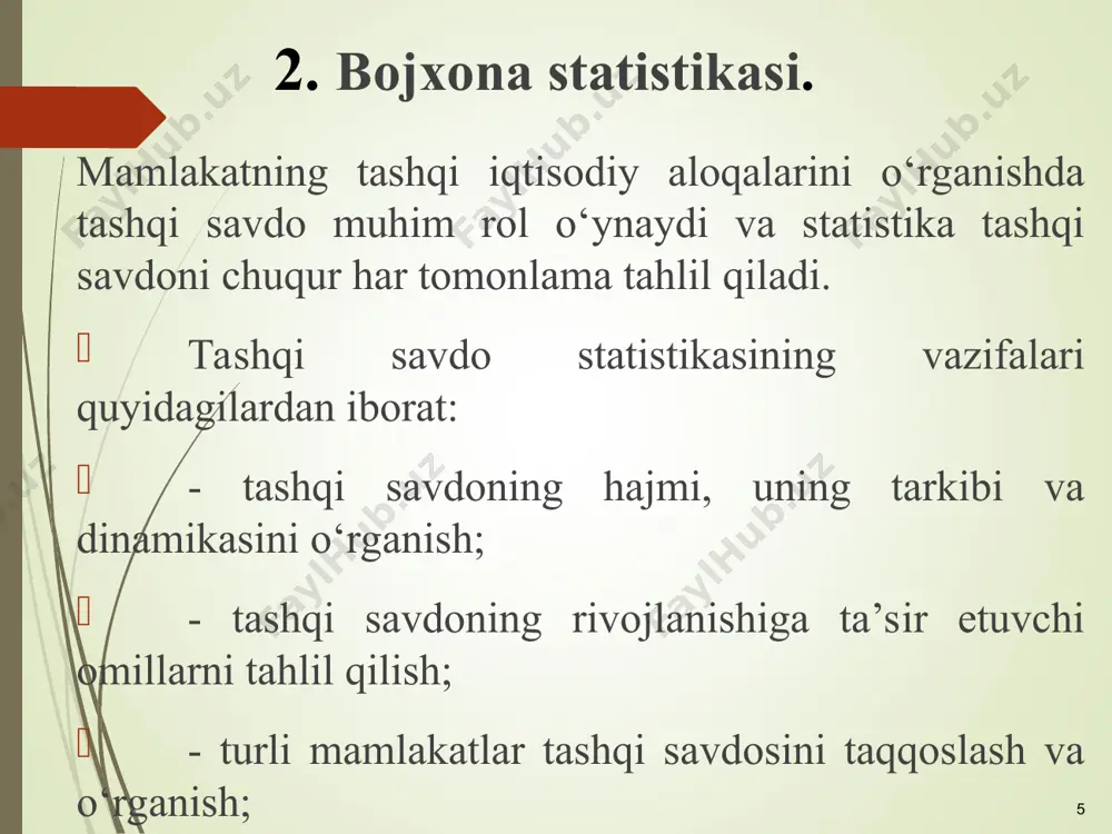 adi. keks=eks/sm; jeks=keks1/keks0 bunda, sm – sanoat mahsuloti hajmi, u rivojlangan mamlakatlarda taxminan 40-50%ga teng. bu esa ishlab chiqarish barcha sanoat mahsulotlarining yarmi tashqi bozorga olib chiqib ketilishini anglatadi. * 3. tashqi savdo indekslari . tashqi savdo statistikasida indekslar tovar aylanishi dinamikasini, eksport va importning fizik hajmini, bahoning o‘zgarishini, tashqi savdo strukturasini va ayrim olingan omillarning tovar aylanishiga ta’sirini o‘rganish uchun foydalaniladi. tashqi savdoning fizik hajmi indeksini hisoblash uchun tovar hajmi indekslashtrilayotgan kattalik, uning vazni sifatida bahosi xizmat qiladi; baho indeksini hisoblashda esa baho indekslashtirilayotgan kattalik, uning vazni sifatida tovarning hajmi xizmat qiladi. o‘rtacha baho indeksi ip=p1q1/p0q1 (paashe formulasi) * fizik hajm indeksi iq=p0q1/p0q0 (laspeyres formulasi) bunda r1 va r0 – joriy va bazis davrdagi baho darajasi q1 va q0 – joriy va bazis davrda sotigan tovarlarning fizik hajmi tashqi savdoning o‘zgarishini tahlil qilishda foydalaniladigan yana bir ko‘rsatkich, bu «savdo sharti» indeksi hisoblanib uni aniqlash uchun eksportning o‘rtacha bahosi indeksi …