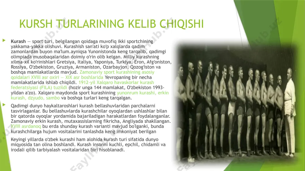 an (19-asr oxiri — 20-asr boshi). chorizm istilosi va shoʻrolar davrida oʻzbek milliy k.ini xalq turmush tarzidan sunʼiy ravishda siqib chiqarishga harakat qilindi. 20-asrning 90-yillari oxiriga kelib bu urinishlarga barham berildi. 1991-yildakurashchilar sulolasi vakili, bir necha k. turlari boʻyicha xalqaro miqyosda sport ustasi komil yusupov oʻzbekcha k.ning xalqaro andozalarga moslangan vva qonun qoidalarini ishlab chiqgan 1992-yilda oʻzbekistonda kurash federatsiyasi, 2001-yilda oʻzbekistonda belbogʻli kurash federatsiyasi tuzildi. 1998-yil sentabrda toshkentda 28 davlat (aqsh, boliviya, buyuk britaniya, gollandiya, rossiya, oʻzbekiston, yaponiya va h.k.) vakillari xalqaro kurash assotsiatsiyasi (ika) muassislari boʻlishdi va shu munosabat bilan bu yerda oʻzbekcha k. boʻyicha yirik xalqaro musobaqa oʻtkazildi. oʻzbekiston respublikasi prezidentining „xalqaro kurash assotsiatsiyasini qoʻllab-quvvatlash toʻgʻrisida“gi farmoni (1999-yil 1 fevral) oʻzbek milliy k. ining yavada rivojlanishiga turtki boʻldi. oʻsha yili toshkentda oʻzbekcha k. boʻyicha birinchi jahon chempionati, rossiyaning bryansk shahrida ayollar oʻrtasida xalqaro musobaqa boʻlib oʻtdi. ika qoshida xalqaro k. akademiyasi, butun jahon k.ni rivojlantirish jamgʻarmasi tuzildi, assotsiatsiya …