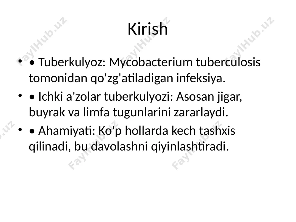 munitetni kuchaytirish. asoratlar • ichki a'zolar tuberkulyozining oqibatlari: - jigar sirrozi. - buyrak yetishmovchiligi. - limfa tugunlarining yallig'lanishi. oldini olish • bcg vaksinasini qo'llash. • erta tashxis qo'yish va davolash. • gigiyena qoidalariga rioya qilish. yangiliklar • innovatsion diagnostika usullari: - genetik tahlillar (xpert mtb/rif). • davolashdagi yangi yondashuvlar: - qisqa muddatli terapiya rejimlari. - yangi avlod dorilar. holat tahlili • klinik holat: 35 yoshli bemor, buyraqda qon aralash siydik va bel og'rig'i bilan murojaat qilgan. • tashxis: buyrak tuberkulyozi, biopsiyada mycobacterium tuberculosis topildi. • davolash: 9 oylik kombinatsiyalangan terapiya. xulosa • ichki a'zolar tuberkulyozi jiddiy muammo. • erta tashxis qo'yish va to'g'ri davolash muhim ahamiyatga ega. • tibbiyot xodimlari uchun bu mavzu bo'yicha muntazam malaka oshirish zarur. epidemiologiya tuberkulyozning global tarqalishi /docprops/thumbnail.jpeg