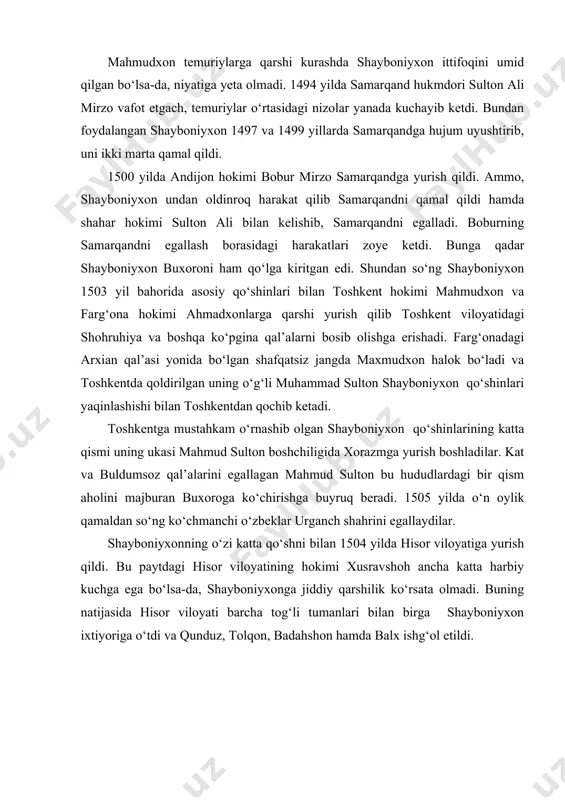 n, badahshon hamda balx ishg‘ol etildi. shaybonixonning markazlashgan davlat tuzish yo‘lidagi raqiblaridan biri dashti qipchoqdagi qozoq sultonlari edi. xvi asrning boshlarida qozoq sultonlari shayboniyxonning janubga qilgan harbiy yurishlaridan foydalanib movarounnahrga bir necha marta bosqinchilik urushlari uyushtiradilar, buxoro va samarqandni talon-taroj qilib, aholini asir qilib olib ketadilar. 1509 yilda shayboniyxon qozoq sultonlari jonish sulton, burunduqxon va qosim sultonlarga qattiq zarbalar berib, buning natijasida sig‘noq, yassi, savron shaharlarini qo‘lga kiritadi hamda turkistondagi xo‘ja ahmad yassaviy maqbarasini ta’mirlashga buyruq beradi. shayboniyxon 1509 yilning yozida marvni egallashga muvaffaq bo‘ldi. uning bu davrga qadar bo‘lgan yurishlari natijasida dashti qipchoq, xorazm, movarounnahr va xurosonning katta qismi shayboniylar qo‘l ostida birlashtirildi. marv shahrini egallagan shayboniyxon eronning kichik viloyatlariga yurish qiladi hamda mashhad va tus shaharlarini egallab, ulardagi muqaddas joylarni ziyorat qilib, ba’zi me’moriy inshootlarni ta’mirlashga buyruq beradi. mashhad va tus shaharlarini egallagan shayboniyxon erondogi shoh ismoil asos solgan safaviylar davlatiga xavf soladi. 1510 yilda erondan orqaga qaygan …