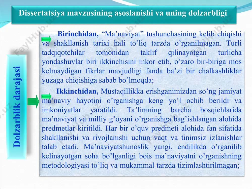 iyalar berish; 4.ma’naviyat masalalarini o’rganishda predmetlararo bog’liqlikdagi muammolarni ko’rsatish hamda tegishli xulosalar va takliflar bildirish. * - tadqiqotning ilmiy yangiligi * tadqiqotning asosiy masalalari uning oldiga qo’yilgan maqsad va vazifalardan kelib chiqadi. ma’naviyat tushunchasining mazmun-mohiyati to’liq yetarli darajada ochib berilmagan. bu o’z navbatida nazariy metodologik chalkashliklarni keltirib chiqaradi. ta’limning turli bosqichlarida o’qitilayotgan ma’naviyatga oid fanlarning o’quv dasturlari va darsliklarini, qo’llanmalarini bir-biridan mustaqil va bir-birining ishi haqida aniq tasavvurga ega bo’lmagan mualliflar guruhlari yaratgan. natijada har xil ilmiy pozitsiyalar va yondashuvlar o’quv dasturlari va darsliklarida kuzatiladi. o’quv dasturlari va darsliklaridagi ba’zi bir kamchiliklarni bartaraf etish uchun ma’naviyatga oid fanlarni yagona tizimga keltirish, ulardagi takrorlanishlar va paralelizmni bartaraf etish zarur. 1-faraz 2-faraz 3-faraz tadqiqotning asosiy masalalari va farazlari tadqiqot mavzusi bo’yicha adabiyotlar tahlili jaloliddin rumiy: “ma’naviy masnaviy” alisher navoiy: “xamsa”, “lison ut-tayr”, “mahbub ul-qulub” abu nasr forobiy: «fozil odamlar shahri» aziziddin nasafiy: “komil inson” * mumtoz adabiyotlar zamonaviy ilmiy adabiyotlar imomnazarov m: …