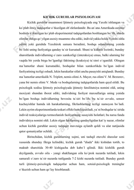 chik guruhlarning klassifikatsiyasi tarixan kichik guruhlarni rasmiy va norasmiy turlarga bo`lish kabo`l qilingan. bunday bo`linishni amerikalik olim e. meyo taklif yotgan edi. uning fikricha, rasmiy guruh har bir a`zolarining rasmiy rollarga ega ekanligi, ular mavqeining va guruhda tutgan o`rnining aniqligi bilan harakterlanadi. bu guruhlarda asosan,"vertikal"tarzda ro`y berib, guruhning bir yoki bir necha a`zosidan"xokimiyat"bo`lganligi uchun ham, ular boshqalarni boshqarish, ularga buyruk, rasmiy ko`rsatmalar berish huquqiga ega bo`ladilar. rasmiy guruhga misol qilib har qanday birgalikdagi faoliyat maqsadlari asosida shakllangan jamoalarni - ishlab chiqarish brigadasi, talabalar guruhi, sinf o`quvchilari, pedagogik jamoa va boshqalarni olish mumkin. rasmiy guruhlardan farkli ularok, norasmiy guruhlar ham mavjud bo`ladiki, ular asosan stixiyali tarzda, aniq maqsadsiz tarkib topadi va ularda a`zolarning aniq mavqelari, rollari oldindan belgilangan bo`lmaydi. ko`pincha norasmiy guruh rasmiy guruh tarkibida tashqil topadi va ularni boshqarish ham oldindan belgilangan bo`lmay, odamlar ichidan u yoki bu shaxsiy sifatlari tufayli ajralib chiqqan a`zolar norasmiy rahbarlik rolini bajarishlari mumkin. bundan …