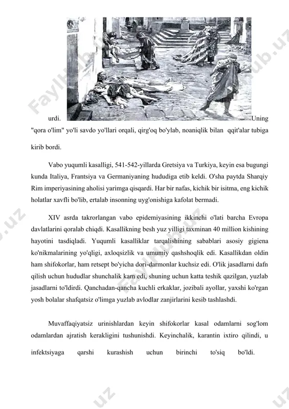 keyin shifokorlar kasal odamlarni sog'lom odamlardan ajratish kerakligini tushunishdi. keyinchalik, karantin ixtiro qilindi, u infektsiyaga qarshi kurashish uchun birinchi to'siq bo'ldi. bemorlarni ko'chaga kirishni qat'iy taqiqlash bilan 40 kun davomida maxsus uylar qurilgan. dengiz tashish xizmatiga keladigan bo'lsak, portdan tashqarida 40 kun davomida yo'llarda turish kerak edi . xix asr oxirida xx asrning uchinchi to'lqini xitoyga o'tib, olti oy ichida taxminan 174 ming kishini tashkil qildi. 1896 yilda hindiston 12 milliondan ortiq kishini bu dahshatli davrda yo'qotgan edi. keyinchalik janubiy afrika, janubiy va shimoliy amerikadan keyin kuzatildi. bubonik xarakterga ega bo'lgan xitoylik vaboning tashuvchilari kemalar va portlar edi. karantin shifokorlarining ta'kidlashicha, kemalar kemalarni ommaviy ko'chirilishiga yo'l qo'ymaslik uchun tomga o'ralgan arqonlar metall disk bilan ta'minlangan. bu dahshatli kasallik rossiyaga o'tib ketmadi. xiii-xiv asrlarda gluxov va belozersk shaharlarining butunlay yo'qolib ketganligi, smolenskda 5 nafar fuqaro saqlangan. pskov va novgorod viloyatlarida ikki dahshatli yil 250 ming kishini o'ldirdi. o'tgan asrning 30-yillarida 30 …