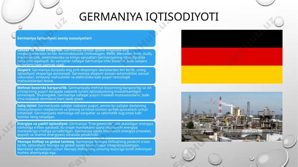 ʻrinda turadi. mamlakatda matbaachilik juda yaxshi rivojlangan. germaniya sanoatining eng qadimiy sohalari boʻlmish qora metallurgiya va oziq-ovqat sanoatlari inqirozga yuz tutgan. pivo va tamaki ishlab chiqarish boʻyicha germaniya yida yetakchi oʻrinda turadi. germaniya qishloq xoʻjaligida chorvachilik muhim rol oʻynaydi. u qishloq xoʻjaligi mahsulotlarining 2/3 qismini ishlab chiqaradi. germaniya yida yirik qoramollar boʻyicha 2-oʻrin, choʻchqalar boʻyicha 1- oʻrinda turadi. ekin yerlarining 2/3 qismiga asosan bugʻdoy, afa, suli va qora bugʻdoy ekiladi. germaniyaning janubi gʻarbida milliy vinochilik asosi boʻlmish uzumchilik rivojlangan. germaniya uskunalar, transport vositalari, dori-darmon va tikuvchilik mahsulotlarini eksport qiladi moliyaviy tizim va investitsiyalar germaniya moliyaviy tizimi va investitsiyalari haqida aniq ma'lumotlar taqdim etish uchun 2024-yilgi yangilangan statistikalar va asosiy ko'rsatkichlarni ko'rib chiqamiz: germaniya moliyaviy tizimi: bank tizimi: germaniya bank tizimi uch asosiy toifaga bo'linadi: davlat banklari: bundesbank (germaniya markaziy banki) va regional davlat banklari (landesbanken). xususiy banklar: germaniyaning yirik xususiy banklari deutsche bank va commerzbank. kooperativ va muassasa banklari: sparkassen …