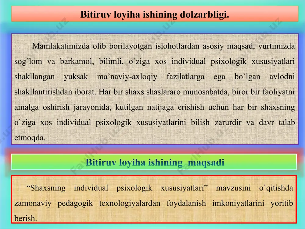 hi jahon madaniyatiga ulkan xissa qo‘shgan buyuk mutafakkir abu ali ibn sino u gippokratning temperament haqidagi ta’limotini chuqur o‘rgandi «mijoz» haqidagi ta’limotini ishlab chiqdi. ibn sino «mijoz» organizmning ruhiy va jismoniy barqarorligini ko‘rsatadigan ta’sirlarga javobidir deb ko‘rsatdi. u organizmni tashqi ta’sirlarni qabul qilishi va unga javob reaksiyasini berishida mijozni turlichaya’ni issiq, sovuq, quruq, nam, kuchli va kuchsiz paydo bo‘lishini aniqladi. odamning rangi,qonning miqdari,quyuq va suyuqligiga bog`liqligini aytgan. nerv sistemasining qo’zg’alish va tormozlanish shaxsning individual psixologik xususiyatlari nimani tushunasiz va bizga hayotda nima beradi. muammoli savol beriladi turli fikrlar bildiriladi fikr-mulohazalar tinglanadi fikr-mulohazalar tahlil qilinadi aniq maqbul yechim tanlab olinadi shaxsning individual psixologik xususiyatlarini o`rganish bizga hayotda nima beradi. kutiladigan natija mustaqil mantiqiy fikrlash qobiliyatini rivojlantirish bir necha yechimlarni topish imkoniyatini beradi mustaqil hayotga tayyorlayda. kutiladigan natija talabalar hamkorlikda ishlashga o`rgatadi bir necha yechimlarni topish imkoniyatini beradi qisqa vaqt ichida katta hajmdagi axborotlarni o`zlashtirish imkonini beradi ajurli arra xarakter temperament qobilyat …