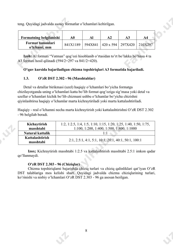 t standard) tomonidan ishlab chiqiladi va ular xalqaro standartlashtirish tashkiloti iso (international standart organization), iqtisodiy hamkorlik kengashi sev (sovet ekonomicheskoy vzaimopomoщi) va b... normalaridan kelib chiqgan holda tadbiq qilingan. khyt (konstruktorlik hujjatlatining yagona tizimi) xalqaro nomlanishi yeskd (edinaya sistema konstruktorskoy dokumentatsii) oʼzr dst ning boʼlimi hisoblanib oʼzr dst da unga - 2 raqami berilgan. ke1yt (eskd) toʼliq klassifikasiyasi yesa 10 ta guruxga boʼlingan va ular 0 dan 9 gacha klassifikasiyalanadi. shuning uchun chizma standartni raqamlarida birinchi son 2 bilan boshlanadi. misol: oʼzr dst 2.305-96. bunda 2 - oʼzr dst da konstruktorlik hujjatlarining yagona tizimi boʼlimiga tegishli yekanligini, 305 - shu boʼlimdagi klassifikatsion guruxni va 96 - tasdiqlangan yilini bildiradi. oʼquv kursida bajariladigan barcha chizma topshiriqlari oʼzr dst talablari asosida bajarilishi shart. aks holda topshiriqlar xatoga yoʼi qoʼyilgan deb baholanadi. oʼzr dst 2. 301 - 96 (formatlar). barcha chizma formatlari a0 formatini teng boʼlaklarga boʼlinishidan hosil qilinadi va ular asosiy hisoblanadi. …