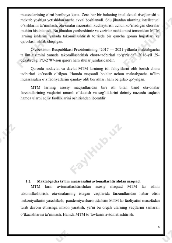 ’lom, rivojlangan, mustaqil shaxs bo’lib shakllantirish, qobiliyatlarini ochib berish, o’qishga, tizimli ta`limga bo’lgan ishtiyoqini tarbiyalashdir. maktabgacha ta`lim muassasasida bolalarning hayoti va sog’lig’ini muhofaza qilish maktabgacha ta`lim muassasasi hamda shtatdagi tibbiyot xodimlari, shuningdek maktabgacha ta`lim muassasasiga biriktirilgan sog’liqni saqlash organlarining tibbiyot xodimlari tomonidan amalga oshiriladi. maktabgacha ta`lim muassasasida bolalarning hayoti va sog’lig’ini muhofaza qilishni tashkil etish tartibi va qoidalari, maktabgacha ta`lim muassasasiga bolalarni olib kelish va olib ketish qoidalari, maktabgacha ta`lim muassasasi binolarida xavfsizlikni tashkil etishga oid talablar, maktabgacha ta`lim muassasasida yong’in xavfsizligini tashkil etishga oid talablar, hudud xavfsizligiga bo’lgan talablar “maktabgacha ta`lim muassasalarida bolalarning hayoti va sog’lig’ini muhofaza qilishni tashkil etish tartibi to’g’risida nizom” bilan tartibga solinadi. maktabgacha ta`lim tizimi maktabgacha ta’lim muassasalari – o’zbekiston respublikasidagi ta`lim muassalarining turi bo’lib, turli yo’nalishdagi maktabgacha bo’lgan davrdagi umumta`lim dasturlarini amalga oshiradi. maktabgacha ta`lim muassasalari 2 yoshdan 7 yoshgacha bo’lgan bolalarni tarbiyalashni, o’qitishni, nazorat qilishni, parvarishlashni va sog’lomlashtirishni ta`minlaydi. maktabgacha ta`lim muassasasini tashkil …