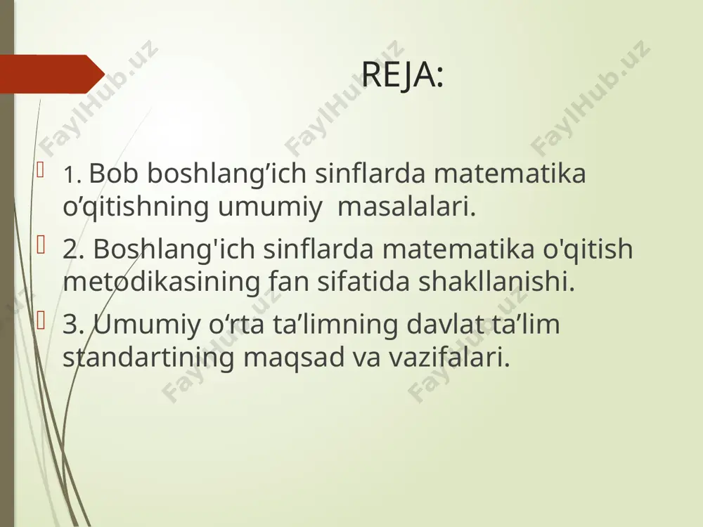 ing darajasiga bog`liq, shuningdek, dars alohida qismlarning o`zaro bog`liqligini qanday amalga oshirilishiga, o`quvchilarning nazariy va metodik tayyorgarligiga bog`liq. hozirgi zamon o`qituvchisi o`zida yuqori professional pedagogik madaniyatni, demokratik kelajkni ko`ra bilish sifatlarini mujassamlashtirish; o`zi o`qitadigan fanning so`nggi yutuqlarini, pedagogik va metodik nazariyani yaxshi bilish; psixologiya ma'lumotlariga asoslanishi; o`quvchilarning aqliy va axloqiy rivojlanishi usullarini izlashi kerak. dars samaradorligi o`quv materialining mazmuni bilan uni o`qitish metodlari bilan o`quvchilarning faoliyatlari orasidagi bog`lanishlarning darajasiga bog`liq, shuningdek, dars alohida qismlarning o`zaro bog`liqligini qanday amalga oshirilishiga, o`quvchilarning nazariy va metodik tayyorgarligiga bog`liq. 1. murakkab darslar - boshlang`ich sinflarda eng ko`p o`tiladi. tuzilishi: 1. uy vazifasini tekshirish. 2. maxsus og`zaki mashqlar. 3. o`quvchilar oldiga dars maqsadini qo`yish. 4. yangi materialni idrok qilishga tayyorlash. 5. yangi materialni o`rganish. 6. yangi materialni mustahkamlash. 7. o`tilganlarni takrorlash. 8. darsni yakunlash va uyga vazifa berish. yangi materialni o`rganish darslari - murakkab va yangi materialni o`rganish darslari tuzilishi jihatidan o`xshash. ammo, yangi materialni …