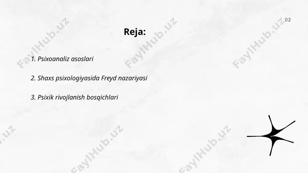 ta bolalik (0-6 yosh), bunda sezgi va harakatlar birinchi o'rinda turadi. ikkinchi bosqich – o'rta va o'smirlik davri (7-18 yosh), bu davrda mantiqiy fikrlash va hissiy barqarorlik rivojlanadi. uchinchi bosqich – kattalar davri (18 yoshdan oldin), intellektual rivojlanish va ijtimoiy mas'uliyat kuchayishi bilan xarakterlanadi. har bir bosqichda insonga xos bo'lgan xulq-atvor va aqliy qobiliyatlar takomillashadi. ... t.me/slaydai_bot 4. ego, id va super-ego kontseptsiyalari ego, id va super-ego kontseptsiyalari zigmund freyd tomonidan ilgari surilgan psixoanalitik nazariyadir. id instinktiv va tug'ma istaklarni ifodalaydi; u ongsizlikda joylashgan va lazzatlanishni talab qiladi. ego — bu haqiqat prinsipi asosida ishlaydi va idning istaklarini ijtimoiy maqbul shaklda qondirishga intiladi. super-ego esa ijtimoiy qoidalarga, axloqiy me'yorlarga asoslangan bo'lib, odamning vijdoni va axloqiy idealiga mos keladigan xatti-harakatlarni qo'llab-quvvatlaydi. bu uch komponent odam psixikasining asosiy qismlarini tashkil etadi va inson xulq-atvorini boshqarishda muhim rol o'ynaydi. ... t.me/slaydai_bot oidipus kompleksi psixologiyada sigmund freyd tomonidan ilgari surilgan tushunchadir. unga ko'ra, bolada …