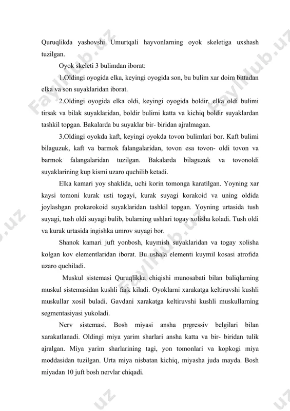 asidan tuzilgan. urta miya nisbatan kichiq, miyasha juda mayda. bosh miyadan 10 juft bosh nervlar chiqadi. orqa miya yaxshi rivojlangan elka va shanov shigallarini xosil kiladi. bular oyoklarini idora kilib turadi. sezuv organlari progressiv tarakkiy etgan. amfibiyalarda ishki kulok murakkablashadi va urta kulok bushligi xosil buladi. urta kulok tashki tomondan nogora parda bilan uralgan. kuzning shox pardasi burtib chiqkan, kuz gavxari linzasimon shaklga ega. kovoklar kuzni ximoya kiladi. xid bilish organi tashki va ishki burun teshiklaridan iborat. suvda yashovshi itbaliqlarda yon shizigi organi buladi. ovqat xazm qilish organlari. ogiz teshigi serbar ogiz- xalqum bushligiga oshiladi. ogiz-xalqum bushligiga xoanalari, xikildok yorigi, evstaxiev nayining bir uchi va sulak bezlarining chiqarish yullari oshiladi. ogiz –xalqumbushligining tagida til joylashadi. tilning uchi ogiz turiga karab kayrilgan. til shilimshik modda ajratadi, u xasharotlarni ushlash ushun xizmat kiladi. jag oralik, ustki jag va dimog suyaklarida uchi biroz orqa tomonga karatilgan tish joylashadi. ogiz- xalqum bushligi torayib kizilungashga …