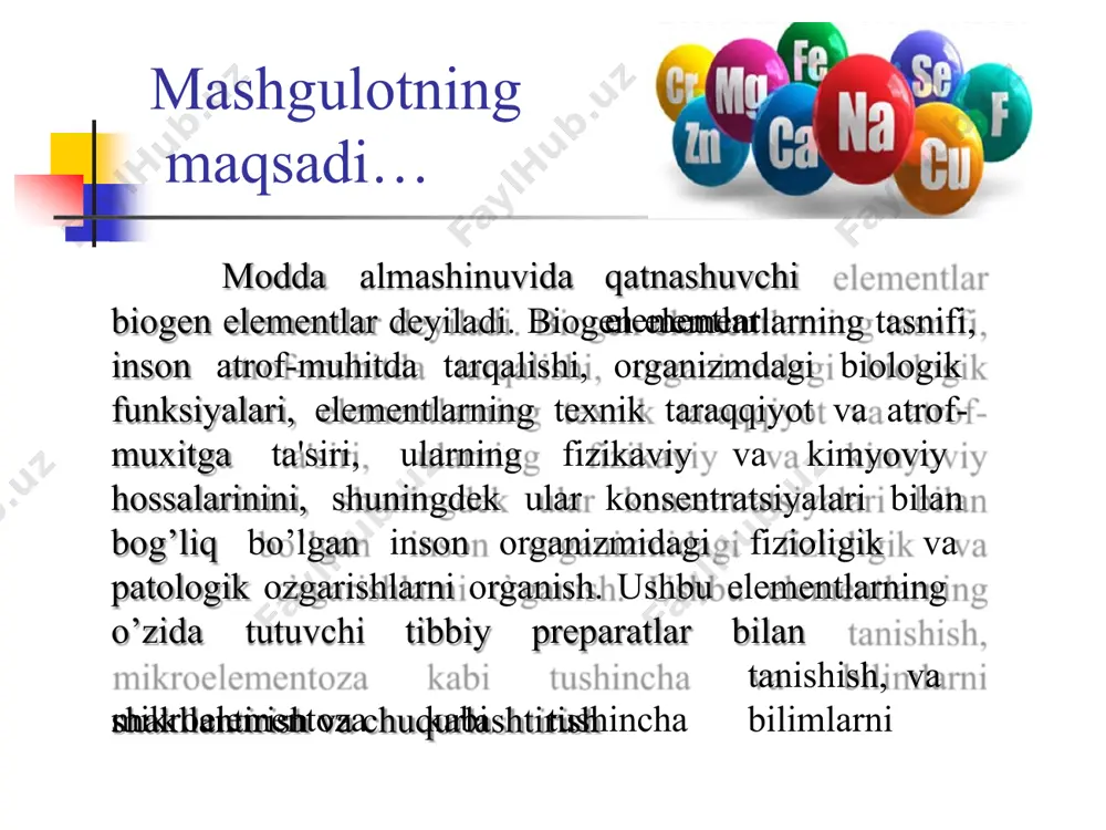 niy, temir, natriy mikro- organizmdagi miqdori 0,01% dan kam bo'igan mis, marganes, molibden, rux, ftor, brom, yod, kobalt va boshqalar elementlarning elektron tuzilishi bo’yicha biogen p- elementlarga: n, c, p, ci, o, s tashqi energetik qobig҆ idagi p- orbitali elektron b-n to҆lib boradi biogen s– elementlarga: li, na, k, mg, ca tashqi energetic qobig҆ idagi s- orbitali elektronlar b-n to biogen d- elementlar: mn, fe, zn, co, cu, ni, cr, mo tashqaridan bitta oldingi ҆ energetik qobig҆ idagi d- orbital elektron b-n to҆ladi ladi bajaradigan vazifasiga ko’ra xayotiy zarur bо‘lgan (hayot faoliyatida muhim rol o’ynaydigan) essensial elementlar na, k, mg, ca, co, cu, fe, zn ahamiyatga ega bo’lishi mumkin bo’lgan elementlar cr, ni, cd faoliyati aniqlanmagan elementlar tl, in, la, te, w essensiallikka nomzod elementlar cd, pb, sn, rb essensial elementlar fe, i, cu, zn, co,cr, mo, ni,v, se,mn, as, f, si, li au, se, bi, hg va b. biogen …