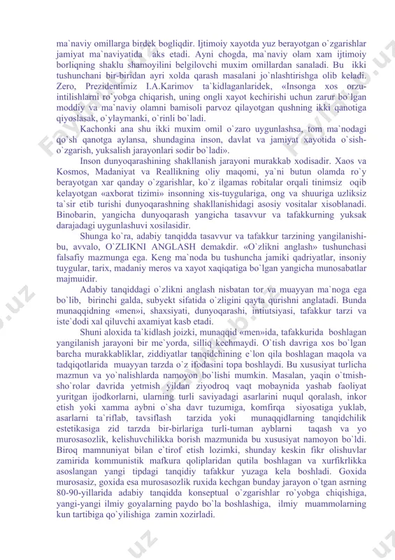 mni yangicha tushunish; odamni yangicha tushunish... buni «anglash yo`li»(k.yo`ldoshov), «bilish extiyoji» (d.kuronov) deb xam atash mumkin. biroq moxiyat o`zgarmay qolaveradi. adabiy tanqidning metodologik asoslarini belgilashda ichki va tashqi omillar muxim axamiyatga ega. bunda tashqi omil sifatida uning boshqa fanlar bilan aloqasi, mushtarak jaxatlari nazarda tutiladi. spetsifik xususiyatlari va tadqiq obyekti tabiatiga ko`ra, adabiy tanqid tilshunoslik, tarix, falsafa, estetika, mantiq, ruxshunoslik, matematika singari fanlar bilan izchil aloqada bo`ladi. adabiy tanqidning mazkur soxalar bilan bogliqligi umumiylik va xususiylik kategoriyalarining dialektik birligi doirasida kechadi. adabiy tanqid metodining omillari xaqida gapirib, taniqli rus san`atshunosi professor yuriy borev boshqa fanlarning metodologik tajribasini ishlatishni ana shu omillar sirasiga kiritadi: «adabiy matnning ritmik tuzilishini o`rganishda matematik va statistik usullar va yondashuvlarni qo`llash mumkin. badiiy asarning semiotik taxlilida lingvistika tajribasi yordam beradi» . biroq adabiy tanqid, garchi boshqa ko`plab fanlar, jumladan, adabiyotshunoslikning boshqa tarkibiy qismlari bilan bir qancha mushtarak jixatlarga ega xamda tadqiq obyekti bir bo`lsa-da, muayyan xususiyatlarga …