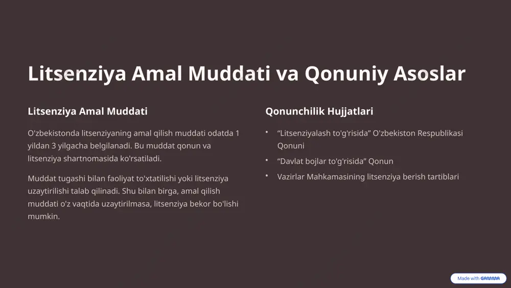 boj o‘zgartirishning murakkabligiga qarab farq qilishi mumkin. praktik misol misol uchun, ishlab chiqarish faoliyatini kengaytirish yoki yangi xizmat olib kirish uchun litsenziyani o‘zgartirish talab etiladi va shu o‘zgartirish uchun boj undiriladi. 4 litsenziya bojlarining maxsus jihatlari to‘lov shaffofligi davlat bojining miqdori qonunchilikda aniq ko‘rsatilgan va uning oshirilishi yuridik tartibda nazorat qilinadi. adolatli undirish litsenziya bojlarini to‘lash imkoniyati va summasi faoliyat turiga mos ravishda belgilanadi. qonuniy himoya fuqarolar o‘z litsenziyalariga oid bojlar bo‘yicha qarorlarni sud orqali qayta ko‘rib chiqishga haqlidir. 5 davlat bojini to‘lashning amaliy jihadlari ariza topshirish litsenziya olish yoki uzaytirish uchun ariza topshiriladi va kerakli hujjatlar taqdim etiladi. 1 davlat boji hisoblash boj miqdori faollik turiga va muddatga asosan aniqlanadi. 2 to‘lov amalga oshirilishi to‘lov muayyan bank yoki davlat organi orqali amalga oshiriladi va rasmiy kvitansiya olinadi. 3 litsenziya berilishi to‘lov qilinganidan so‘ng belgilangan muddatda litsenziya beriladi yoki uzaytiriladi. 4 6 litsenziya amal muddati tugashi holatlarida nima bo‘ladi? 1 …
