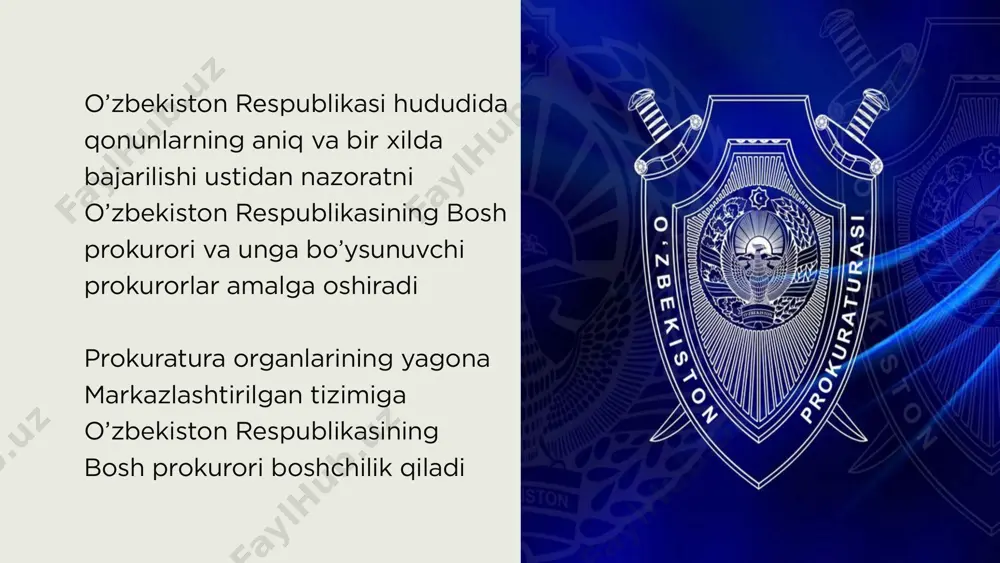 rkinliklarini ta’minlashga qaratilgan qonunlar ijrosi ustidan nazorat qilish; o‘zbekiston respublikasi qurolli kuchlarida, vazirliklar va idoralarning harbiy tuzilmalarida qonunlarga rioya etilishi ustidan nazorat qilish; tezkor-qidiruv faoliyatni, tergovga qadar tekshiruvni, surishtiruvni, dastlabki tergovni amalga oshiradigan organlar tomonidan qonunlarning ijro etilishi ustidan nazorat qilish hamda ularning jinoyatchilikka qarshi kurash borasidagi faoliyatini muvofiqlashtirish; jinoyatlar yuzasidan dastlabki tergov olib borish; prokuratura organlarining tizimi quyidagilardan iborat: o‘zbekiston respublikasi bosh prokuraturasi; qoraqalpog‘iston respublikasi prokuraturasi; viloyatlar va toshkent shahar prokuraturalari; tumanlar va shaharlar prokuraturalari; viloyat prokuraturalariga tenglashtirilgan o‘zbekiston respublikasi harbiy prokuraturasi, o‘zbekiston respublikasi transport prokuraturasi; tuman prokuraturalariga tenglashtirilgan, hududiy harbiy, transport va ixtisoslashtirilgan prokuraturalar. o‘zbekiston respublikasi bosh prokuraturasi huzurida iqtisodiy jinoyatlarga qarshi kurashish departamenti va majburiy ijro byurosi, shuningdek ularning joylardagi bo‘linmalari faoliyat ko‘rsatadi. o‘zbekiston respublikasi bosh prokurorining, o‘zbekiston respublikasi harbiy prokurorining, qoraqalpog‘iston respublikasi prokurorining, shuningdek viloyatlar, toshkent shahar, tumanlar va shaharlar prokurorlarining hamda ularga tenglashtirilgan prokurorlarning vakolat muddati besh yil. prokuratura organlari fuqarolarning ariza va shikoyatlarini hamda …