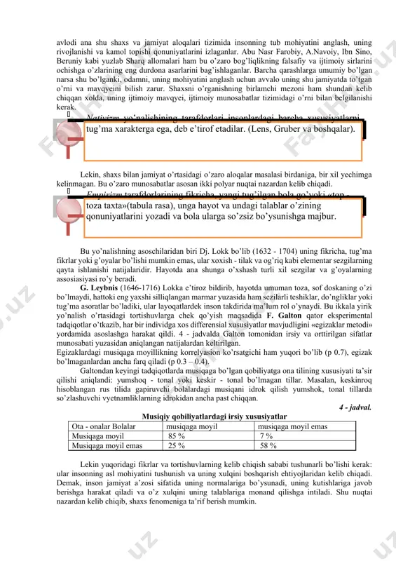 bilan bo’lgan aloqasi masalasini chetlab o’tolmagan. shuni alohida ta’kidlash lozimki, «homo sapiens» - «aqlli zot» tushunchasini o’zida ifoda etuvchi jonzotning paydo bo’lganiga taxminan 40 ming yildan oshibdi. bu davrda olimlarning e’tirof etishlaricha, 16 ming avlod almashgan emish. darvin ta’biri bilan aytganda, tabiiy tanlanish jarayonida yer yuzida saqlanib qolgan minglab millat va elatlarning keyingi davrdagi taraqqiyoti ko’proq biologik omillardan ko’ra, ijtimoiy - sosial omillar ta’sirida ro’y bermoqda. shuning uchun ham har bir individni yoki shaxsni o’rganish masalasi uning bevosita ijtimoiy muhiti va uning ijtimoiy normalari doirasida o’rganishni taqozo etadi. sosial yoki ijtimoiy muhit - bu insonning aniq maqsadlar va rejalar asosida faoliyat ko’rsatadigan dunyosidir. mazmunan har bir insonning shu ijtimoiy olam bilan aloqasi uning insoniyat tajribasi, madaniyati va qabul qilingan, tan olingan ijtimoiy xulq normalari doirasidagi harakatlarida namoyon bo’ladi. psixologiya ilmining namoyondalari bo’lmish olimlarning butun bir avlodi ana shu shaxs va jamiyat aloqalari tizimida insonning tub mohiyatini anglash, uning rivojlanishi va …