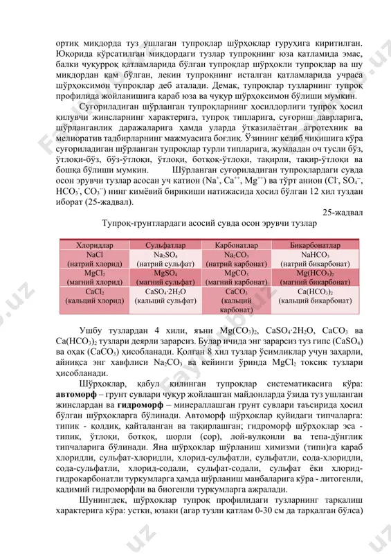 га совуқ сувда гипснинг (caso4∙2h2o) эрувчанлигидан (2 г/л атрофида) ортиқ эрийдиган тузлар киради. агар тупроқнинг юқориги 0-30 см қатламида 0,6 % ортиқ сода, 0,1 % дан ортиқ хлор ва 2% дан ортиқ сульфатлар учраса, бундай шўр тупроқлар шўрҳоклар деб аталади. тупроқларнинг бундай табақаланиши тузларнинг турлича заҳарлилигидан келиб чиқади. масалан, энг заҳарли туз сода (na2co3) ҳисобланади. унинг 0,6 % миқдори тупроқни бутунлай унумсиз ҳолатга келтиради, 0,1 % атрофидаги миқдори ўсимликларнинг нормал ўсиши ва ривожланишига салбий таъсир этади. дунё тупроқ харитасидаги (фао) тупроқлар системастикасида (тизимида) юқориги 0-15 см ли қатламда 3 % дан ортиқ миқдорда туз ушлаган тупроқлар шўрҳоклар гуруҳига киритилган. юқорида кўрсатилган миқдордаги тузлар тупроқнинг юза қатламида эмас, балки чуқурроқ қатламларида бўлган тупроқлар шўрҳокли тупроқлар ва шу миқдордан кам бўлган, лекин тупроқнинг исталган қатламларида учраса шўрҳоксимон тупроқлар деб аталади. демак, тупроқлар тузларнинг тупроқ профилида жойланишига қараб юза ва чуқур шўрҳоксимон бўлиши мумкин. суғориладиган шўрланган тупроқларнинг ҳосилдорлиги тупроқ ҳосил қилувчи жинсларнинг характерига, …