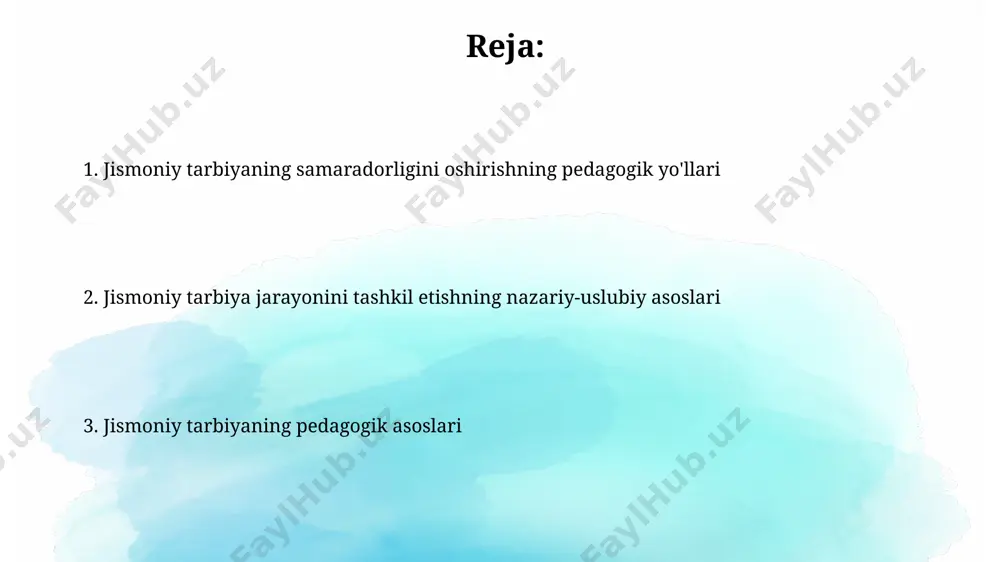 l etishda 3 bosqichli dars rejalashtirish (kirish, asosiy qism, yakunlash) samarqanddagi 5-maktab tajribasida 85% oʻquvchilarning faol ishtirokini taʼminladi. jismoniy tarbiya darslarida o'qitish metodlari jismoniy tarbiya darslarida 5-11 yoshli bolalar uchun o‘yin usuli orqali 3 ta asosiy harakat turi (yugurish, sakrash, otish)ni o’rgatish samarqanddagi maktablar tajribasida samarali deb topildi. andijon viloyati maktablarida qo‘llaniladigan, o‘quvchilarning yoshi va jismoniy tayyorgarligiga moslashtirilgan 7 bosqichli mashg’ulot dasturi sog’lom turmush tarzini shakllantirishga yordam beradi. e'tiboringiz uchun rahmat @taqdimot_robot image2.jpg image3.jpg image4.jpg image5.jpg image6.jpg image1.png