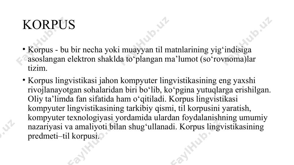og‘zaki va yozma) aralash holda keng qamrovli bo‘ladi; maxsus korpus – muayyan maqsadda tor sohaga xizmat qiluvchi hajm jihatdan anchagina kichik matnlar majmuidan iborat bo‘ladi. korpusning paydo bo‘lishi, rivojlanishi ikki bosqichdan iborat. birinchi bosqich: kompyuter asrigacha bo‘lgan davr. ikkinchi bosqich esa kompyuter asri korpuslari davri. birinchi davr korpusi – kartotekalar to‘plamidan iborat. ular bugungi korpus ko‘rinishida bo‘lmasa-da, lingvistik tadqiqot uchun material vazifasini o‘tagan. kompyuter asrida esa ular elektron shaklga kirdi, dasturlashtirildi. korpusni tuzish, o‘rganish va uni amalda qo‘llash xviii asrlarda boshlangan bo‘lib, bibliyaga oid bo‘lgan tadqiqotlarni olib borish natijasida keng rivojlandi. kompyuter asrigacha bo‘lgan noelektron shaklda bo‘lgan va undan ma’lumotlarni toppish avtomatlashtirilmaganligi bilan xarakterlanadi. korpus lingvistikasidagi bu davr raqamli texnologiyalar asrigacha bo‘lgan davr sanaladi. mashhur hind tilshunosi panini tomonidan tuzilgan hind grammatikasi shaklan noelektron, lekin mazmuman korpus metodiga asoslangan edi. inglizcha korpus lingvistika atamasi ilk marta 1984-yilda qo‘llangan. rossiyada esa bu atama 1996-yilda xalqaro ingliz tili korpusi (international corpus of …