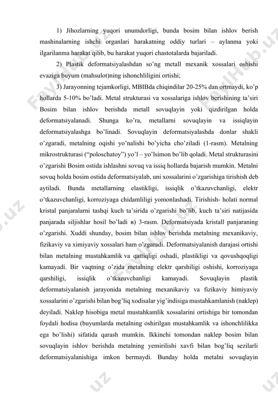 m bilan ishlov berishda metalning mexanikaviy, fizikaviy va ximiyaviy xossalari ham o’zgaradi. deformatsiyalanish darajasi ortishi bilan metalning mustahkamlik va qattiqligi oshadi, plastikligi va qovushqoqligi kamayadi. bir vaqtning o’zida metalning elektr qarshiligi oshishi, korroziyaga qarshiligi, issiqlik o’tkazuvchanligi kamayadi. sovuqlayin plastik deformatsiyalanish jarayonida metalning mexanikaviy va fizikaviy himiyaviy xossalarini o’zgarishi bilan bog’liq xodisalar yig’indisiga mustahkamlanish (naklep) deyiladi. naklep hisobiga metal mustahkamlik xossalarini ortishiga bir tomondan foydali hodisa (buyumlarda metalning oshirilgan mustahkamlik va ishonchlilikka ega bo’lishi) sifatida qarash mumkin. ikkinchi tomondan naklep bosim bilan sovuqlayin ishlov berishda metalning yemirilishi xavfi bilan bog’liq sezilarli deformatsiyalanishiga imkon bermaydi. bunday holda metalni sovuqlayin deformatsiyalanish jarayonini to’xtatib, naklepni bartaraf qilishga to’g’ri keladi. metalning naklepi rekristallizatsion yumshatish yo’li bilan bartaraf qilinadi. sovuqlayin deformatsiyalangan metalni belgilangan temperaturagacha qizdirilganda, unda deformatsiyalangan donlar o’rniga yangi muvozanatdagi donlarning vujudga kelishi, paydo bo’lishi va o’sishi sodir bo’ladi. bu hodisaga rekristallizatsiya deyiladi. rekristallizatsiya boshlanadigan temperatura metalning suyuqlanish tempereturasiga bog’liq: t rekr = k* t …