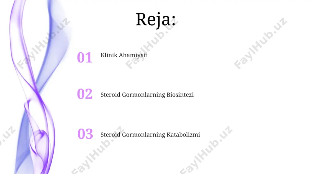 v reaksiyalar orqali kortizol, aldosteron va kortikosteron kabi gormonlarga aylanadi. xolesterin va uning ahamiyati xolesterol hujayra membranalarining tarkibiy qismi bo'lib, ularning suyuqlik xususiyatlarini tartibga soladi va hujayra signalizatsiyasi jarayonlarida ishtirok etadi, shuningdek d vitamini sintezida ishlatiladi. xolesterol, barcha steroid gormonlarning, jumladan, kortizol, aldosteron va jinsiy gormonlarning, biosintezida muhim prekursor bo'lib, 27 uglerod atomidan iborat. metabolizm mahsulotlari va ularning chiqarilishi qon orqali buyraklarga yetkazilgan kam miqdordagi steroid metabolizm mahsulotlari, siydik bilan birga, taxminan 10% miqdorida chiqariladi. bilirubin kabi metabolik mahsulotlarning safro bilan chiqarilishi, jigarning ekskretsiya funksiyasining muhim ko'rsatkichidir. bunda jigar hujayralarining faoliyati 70% ga yaqin ta'sir qiladi. e'tiboringiz uchun rahmat @taqdimot_robot image4.jpg image5.jpg image6.jpg image7.jpg image8.jpg image9.jpg image10.jpg image1.jpeg image2.jpeg image3.jpeg