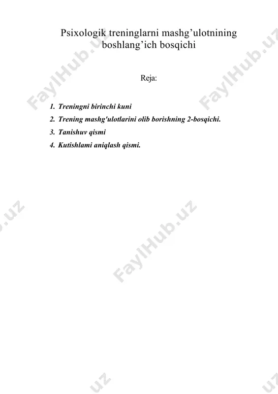 a ma’lum bir fikmi berayotgan ishtirokchining bu fikming trening uchun qanday ahamiyatga ega ekanligini izohlashi maqsadga muvofiqdir, shundan so'ng ishtirokchilar bilan uning taklifi qabul qilinadi yoki rad etiladi. ayrim hollarda, agar ishtirokchilar orasidan fikr bildiruvchilar topilmasa, vaqtni yo’qotmasdan treneming o’zi yo’naltiruvchi fikr sifatida birorta normani taklif etishi ham foydadan holi bo'lmaydi. trening mashg'ulotlari jarayonida guruhdagi ishlami tashkil qilishga doir normalar quyidagilardan iborat bo'lishi mumkin: intizomga qat'iy rioya qilish yoki “0 - 0 qoidasi ” normasi. bunda har bir guruh a’zosi mashg'ulotga o’z vaqtida kelishi, o’z vaqtida ketishi kerakligi zarurligini his etishi lozim va bunga qat’iy amal qilishi kerak. chunki trening mashg’ulotiga biror- bir ishtirokchi kechikib qolsa, mashg'ulot qoidasiga ko’ra mashg’ulotni boshlash mumkin emas, shuning uchun butun guruh kechikkan ishtirokchini kutishiga to’g'ri keladi. bunday holning sodir botishi esa ayrim ishtirokchilaming jahlini chiqarishi, g'ashiga tegishi, mashg'ulotlaming to'xtab qolishi va turli noroziliklarga olib kelishi mumkin. "maxfiylik"yoki “sir saqlash” normasi. trening jarayonida bayon etilgan …