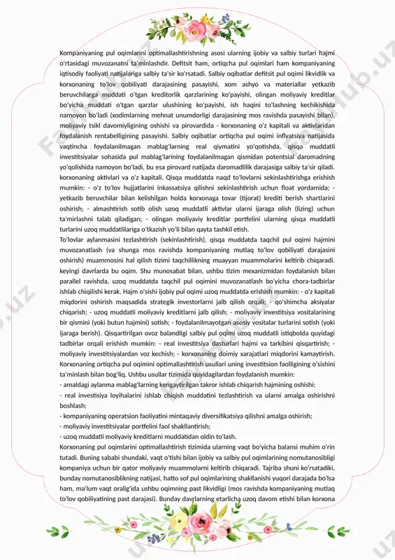 ks ettirilgan. 2.2. xalqaro buxgalteriya hisobi tamoyillariga muvofiq, kompaniya pul oqimlarini hisoblash usulini mustaqil ravishda tanlaydi, ammo to'g'ridan-to'g'ri usul afzalroq ko'rinadi, bu ularning hajmi va tarkibi haqida to'liqroq tasavvurga ega bo'lishga imkon beradi. investitsion va moliyaviy faoliyatdan olingan sof pul oqimlari faqat to'g'ridan-to'g'ri usul yordamida hisoblanadi. bilvosita hisoblash usuli balans moddalarini tahlil qilish va moliyaviy natijalar to'g'risidagi hisobotga asoslangan sof pul oqimi korxona faoliyatining turli turlari o'rtasidagi munosabatlarni ko'rsatishga imkon beradi; sof foyda va hisobot davridagi kompaniya aktivlaridagi o'zgarishlar o'rtasidagi munosabatni o'rnatadi. kompaniyaning sof pul oqimini bilvosita usulda hisoblash iqtisodiy faoliyat turlari va umuman kompaniya bo'yicha amalga oshiriladi. operatsion faoliyat bilan asosiy element korxonaning sof pul oqimini bilvosita usulda hisoblash uning hisobot davrida olingan sof foydasidir. tegishli tuzatishlar kiritish orqali sof foyda sof pul oqimi ko'rsatkichiga aylantiriladi. ko'rib chiqilayotgan davrda kompaniyaning operatsion faoliyatidan sof pul oqimlari miqdorini hisoblashning asosiy formulasi quyidagicha: chdpo = cp + aos + ana ± dz …