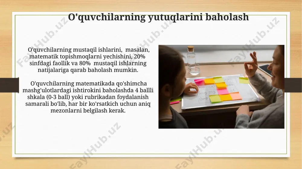 foydalanib, ijodiy ishlarni taqdim etdilar. boshlang'ich sinf matematika fanidan qo'shimcha mashg'ulotlarni tashkil etishning ahamiyati qo'shimcha mashg'ulotlar individual yondashuvni ta'minlaydi, 10-15 nafar o'quvchi bilan kichik guruhlarda ishlash, o'quvchilarning individual qiyinchiliklarini aniqlash va ularga samarali yordam berish imkonini beradi. matematika fanidan qo'shimcha mashg'ulotlar o'quvchilarning muammo yechish, mantiqiy fikrlash va ijodiy qobiliyatlarini rivojlantirishga yordam beradi, bu esa ularning umumiy intellektual rivojlanishiga ijobiy ta'sir ko'rsatadi. mumkin bo'lgan qiyinchiliklar va ularni bartaraf etish ba'zi o'quvchilarning matematikaga bo'lgan qiziqishi past bo'lishi va faol ishtirok etishdan bosh tortishi mumkin, bunday hollarda individual yondashuv va ularning qiziqishlariga moslashtirilgan vazifalar taklif qilish zarur. qo'shimcha mashg'ulotlarga 20 dan ortiq o'quvchi qatnashishi sinf xonasining sig'imiga yetmasligi mumkin, buning uchun kengroq maydon yoki ikki guruhga bo'lish strategiyasini qo'llash kerak. qo'shimcha mashg'ulotlarning turlari va yo'nalishlari matematik musobaqalar, "matematik olimpiadalar" kabi 10 dan ortiq turdagi tanlovlar va intellektual o'yinlar o'quvchilarning matematik qobiliyatlarini rivojlantirishga yordam beradi. matematika fanidan qo'shimcha mashg'ulotlar 3 ta asosiy yo'nalishda: geometriya, …