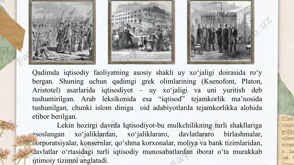 arga bo‘lgan iqtisodiy qarashlar evolyusiyasi, iqtisodiy g‘oya va nazariyalarning shakllanish, rivojlanish qonuniyatlari va ularning almashinuvining tarixiy jarayoni hisoblanadi. iqtisodiy ta’limotlarning vujudga kelishi va rivojlanishi tahlili yozuv ixtiro qilingan quldorlik davrdan boshlab ijtimoiy taraqqiyotning barcha tarixiy jarayonlarini, barcha tarixiy davrlarni o‘z ichiga oladi. iqtisodiy ta’limotlar, tarixiy rivojlanish jarayoniga muvofiq tarzda o‘rganiladi. shu bilan birga, bir narsani qayd qilib o‘tish kerakki, iqtisodiy ta’limotlar tarixi zamonaviylikka yo‘naltirilgan. “iqtisodiy ta’limotlar tarixi” fanini o‘rgangach, iqtisodchi mutaxassislar, eng avvalo, jahon iqtisodiyoti va milliy iqtisodiyot rivojlanishining ob’ektiv qonunlarining mohiyatini ochib berish, muqobil xo‘jalik qarorlarini asoslab berish va keyinchalik ularni amalga oshirishda ijobiy yondashish uchun zarur bo‘lgan o‘zlarining tadqiqot mahoratlarini oshiradilar. iqtisodiy ta’limotlar tarixi quyidagi bir qator progressiv uslublarga asoslanadi: o‘tmishdagi iqtisodiy qarashlarni o‘rganishda abstrakt va konkretlikni ajratish; har qanday tadqiqotning asosi uslubi sifatidagi dialektika, induksiya va deduksiya, analiz va sintez; iqtisodiy nazariya va amaliyot o‘rtasidagi o‘zaro bog‘liqlikning tahlili, iqtisodiy ta’limotlardagi umumiylik, yagona va alohidalikni aniqlash “iqtisodiy ta’limotlar …