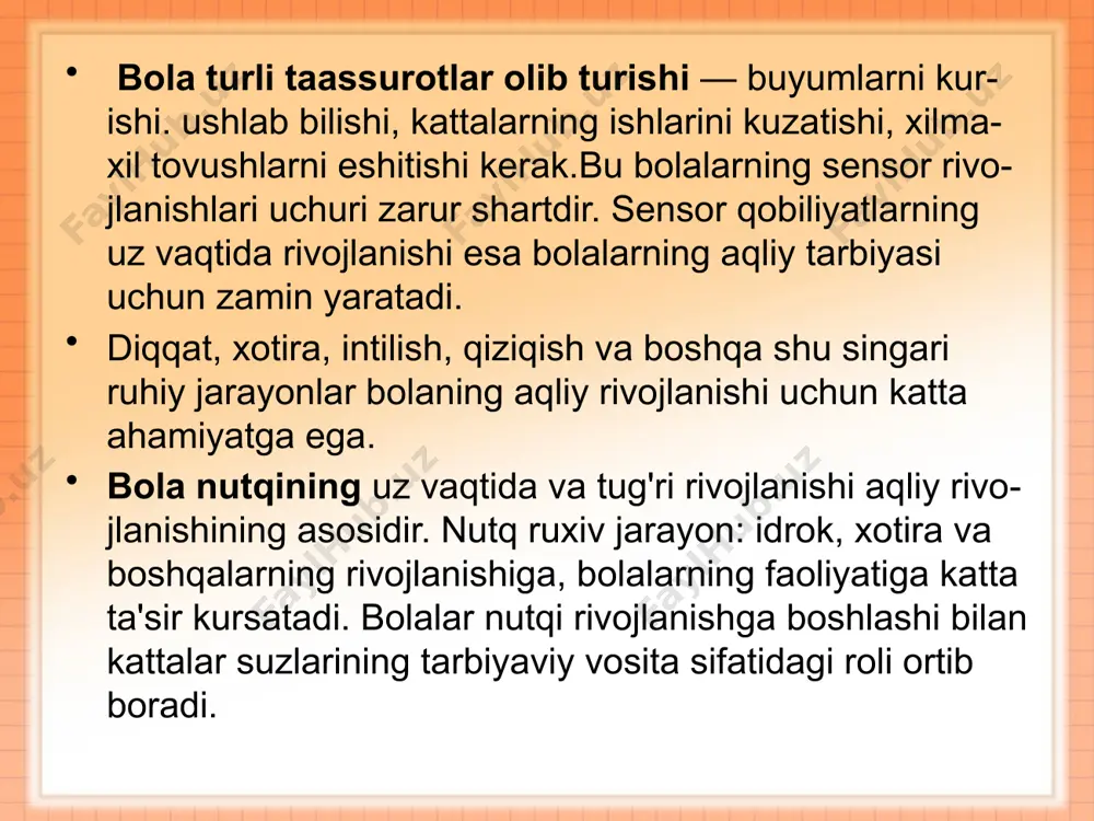 gan bolalar – bular o’rta maktabni bitirgunga qadar maxsus sharoitda o’qitilishi maqsadga muvofiqdir. konstitutsional; tserebral shakli. psixogen; somatogen; so’nggi yillarda olimlar ruhiy sust rivojlangan bolalarni klinik – psixologik jihatdan quyidagi xillarga bo’lishni tavsiya etadilar: anomal bolalar soglorn tengdoshlari orasida inklyuziv ta'limda yoki maxsus ta'lim-tarbiya muassasalarida tarbiyalanishi va o'qitilishi kerak. bolaning umumiy rivojlanishiga xar tomonlama kuchli ta'sir etgan nuqsonlargina uni anomal bola /deb hisoblashga asos bo'lishi mumkin. masalan, bolaning faqat chap qulog'i eshitsa-yu, bu nuqson uning xar tomonlama rivojlanishiga ta'sir etmaydigan, u umumiy maktab sog'lom tengdoshlari katori uzlashtiradigan bulsa, u anomal bolalar toifasiga kirmaydi. katta yoshdagi kishilarda ma'lum sabablarga ko'ra paydo bo'lgan nuqsonlar ham ularning umumiy rivojlanishiga ta'sir etmasa. bu kishini anomal deb hisoblash mumkin emas. maxsus yordamga muhtoj anomal bolalarning jismoniy ruhiy rivojlanishida kuzatiladigan og'ir, keskin o'zgarishlar bola shaxsining tarkib topishiga salbiy ta'sir ko'rsatadi. shuning uchun bunday j bolalarni tarbiyalash va ularga ta'lim berish uchun maxsus sharoit yaratalishi kerak, ya'ni …