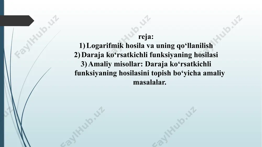 ne=1; ln1=0. xossalari: 1°. logarifm faqat musbat sonlar uchun mavjud bo'ladi. logab (a>0 va a≠1), b>0 bo'lsa mavjud. 2°. a>1 bo'lganda: b>1 bo'lsa, logab > 0; 0 0; log30,2 1 bo'lsa, logab 0. masalan, log2/35 0. 4°. a>1 va b>c bo'lsa, logab > logac. masalan, log73 > log72. formulalar: 1. loga1 = 0. 2. logaa = 1. 3. loga(b⋅c) = logab+logac. 4. loga(b/c) = logab-logac. 5. logamb = (1/m)⋅logab. 6. logabm = m⋅logab. 7. logab = logambm. 8. logab = logcb / logca. 9. logab = 1 / logba. daraja-ko‘rsatkichli funksiyaning hosilasi. aytaylik y=(u(x))v(x) (u(x)>0) ko‘rinishdagi daraja-ko‘rsatkichli funksiya berilgan va u(x), v(x) funksiyalar x ning qaralayotgan qiymatlarida differensiallanuvchi bo‘lsin. bu funksiyaning hosilasini hisoblash uchun (7.1) formulani qo‘llaymiz. u holda (7.1) formulaga ko‘ra y’=u(x)v(x)(ln(u(x)v(x))’=u(x)v(x)(v(x)lnu(x))’=u(x)v(x)(v’(x)lnu(x)+v(x) ) bo‘ladi bo‘ladi. bundan (u(x)v(x))’=u(x)v(x)lnu(x)v’(x)+v(x)u(x)v(x)-1u’(x) formula kelib chiqadi. shunday qilib, daraja-ko‘rsatkichli funksiyaning hosilasi ikkita qo‘shiluvchidan iborat: agar u(x)v(x) ko‘rsatkichli funksiya deb qaralsa birinchi qo‘shiluvchi, agar u(x)v(x) darajali …