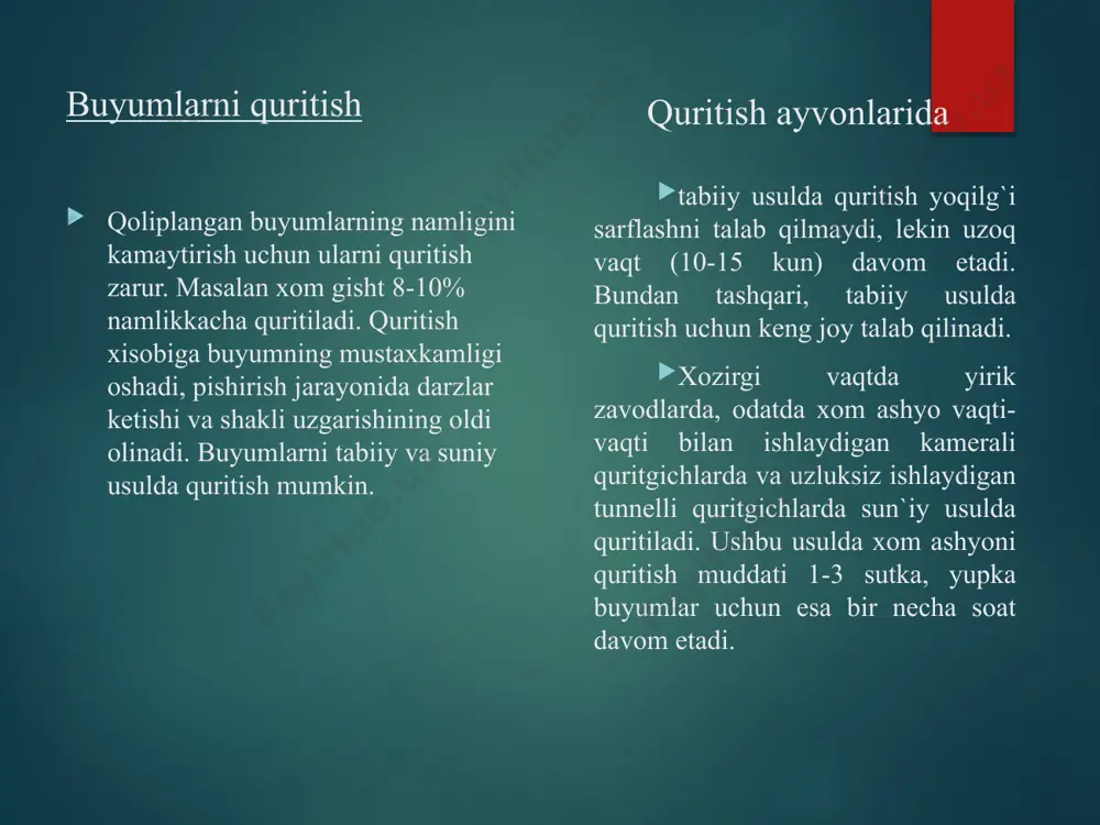 quritish vaqtini to‘g‘ri hisoblash muhim ahamiyatga ega. ishlab chiqarish sharoitida yangi material uchun mos holatlar prinsipi va namunaviy materiallarning quritish kinetikasi haqidagi ma’lumotlardan foydalangan holda kerakli quritish vaqtini hisoblash mumkin.[4] dispers materiallar uchun sorbsiya xususiyatlariga ko‘ra, quritilgan materiallarning adgezion- yopishqoqlik xususiyatlarini hisobga olgan holda tasniflash tavsiya etilishi mumkin. ushbu tasnif ma’lum bir materialni quritishda kritik kapilyarlar o‘lchamiga, diffuzion qarshilik qiymatiga (va buning oqibatida quritish jarayonining davomiyligiga) asoslanib, quritilayotgan zarrachalarning apparat devorlariga to‘planish va yopishish darajasini belgilaydigan adgezion- yopishqoqlik koeffitsienti qiymati bilan mos keladigan samarali tipik apparatni aniqlash imkonini beradi. materiallarning tuzilishi deganda, gazli, shishasimon (amorf) va kristall fazalarning taqsimlanishi hamda o‘zaro birikuvi, ularning fizik-kimyoviy tabiati va miqdoriy munosabatlari, tuzilish shakli uning mikro va makro tuzilishi tushuniladi. mikro tuzilma kristall fazaning tabiati, shishasimon faza va g‘ovaklar bilan birikuvi hamda ularning tuzilish xarakteri bilan aniqlanadi. makro tuzilma esa g‘ovaklar hajmi, tuzilishi, shakli, materiallarda o‘zaro joylashuvini aniqlaydi dispers materialnining ichki tuzilishining fotomikrografigi. suglinka; …