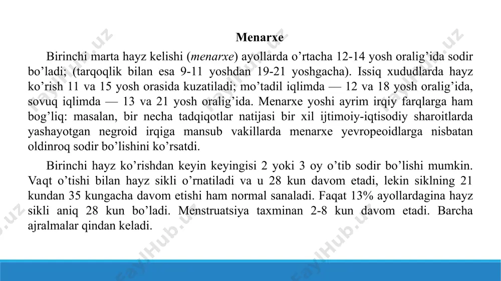 ni a’zolar kasalliklarida kuzatiladi: bachadon yallig’lanishi, bachadon bo’yni eroziyasi, keng boylamlarga qon quyilishi va boshqalar. ba’zida bachadonning u yoki bu kasalligi mavjud bo’lmasligi mumkin, bunda hayzda ko’p qon ketishi sog’liqning umumiy yomonlashuvi tufayli yuzaga keladi. dismenoreya deb hayz og’riq bilan birga kechishi tushuniladi. ko’pincha qon quyqalari ajraladi. davolashda, hayz noto’g’riligini qo’llab-quvvatlovchi sabablarga e’tibor beriladi va uni yo’q qilishga harakat qilinadi. manbalar https://mymedic.uz/tibbiyot/hayz-yoki-menstruatsiya/ https://avitsenna.uz/hayz-funksiyasining-buzilishi/ https://mejorconsalud.as.com/sincronizacion-menstruacion-verdad-mito/ e’tiboringiz uchun rahmat diploma