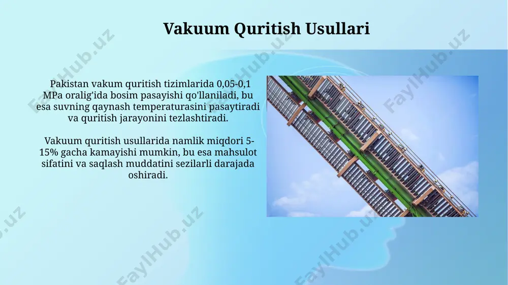m beradi. mikroto'lqinli quritish mikroto'lqinli quritish jarayonida mahsulotning namligi 10-20% ga kamayishi 2-5 daqiqa ichida amalga oshirilishi mumkin, bu an'anaviy usullarga nisbatan ancha tezdir. mikroto'lqinli quritish uskunalari 500 vt dan 10 kvt gacha quvvatga ega bo'lib, quritish hajmi va vaqtini aniqlashda bu parametr muhim rol o'ynaydi. kelajakdagi tendentsiyalar va innovatsiyalar namlikni aniqlash va nazorat qilishda sun’iy intellekt va mashinaviy o‘rganish texnologiyalaridan foydalanish orqali quritish jarayonining optimallashuvi va 10-15% gacha sifatni yaxshilanishi kutilmoqda. qishloq xo‘jaligi mahsulotlarini quritishda 20-30% gacha energiya tejaydigan, quyosh energiyasi va issiqlik nasosi texnologiyalariga asoslangan innovatsion qurilmalar sonining ko‘payishi kuzatiladi. e'tiboringiz uchun rahmat @taqdimot_robot image2.jpg image3.jpg image4.jpg image5.jpg image6.jpg image7.jpg image8.jpg image9.jpg image10.jpg image11.jpg image12.jpg image13.jpg image1.png