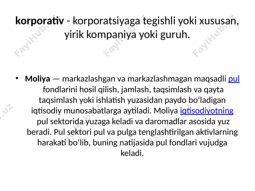 muman toʻxtatiladi. korporativ moliya nima? korporativ moliya tashkilotning kundalik biznes faoliyatida qabul qiladigan moliyaviy qarorlarini o'z ichiga oladi. u bir vaqtning o'zida ma'lum qarorlar xavfini kamaytiradigan holda ko'proq pul ishlash uchun tashkilotga mavjud bo'lgan kapitaldan foydalanishga qaratilgan. korporativ moliya tashkilot bilan bog'liq moliyaning barcha jihatlarini birlashtiradi. bu kapital qo'yilmalar, bank, byudjetlashtirish va boshqalar bilan bog'liq jihatlar. u qisqa va uzoq muddatli moliyaviy rejalashtirish orqali aktsiyadorlar qiymatini maksimal darajada oshirishga qaratilgan. o'z ichiga olgan har qanday operatsiya yoki jihat tashkilot moliyasi korporativ moliyaning bir qismidir. moliya bozori — oldi-sotdi obyekti pul yoki pulga tenglashtirilgan qogʻoz bilan bogʻliq boʻlgan bozor. bu bozorda moliya mablagʻlarini vaqtincha haq toʻlab ishlatish yoki ularni sotib olish yuzasidan munosabatlar olib boriladi, shuningdek, pul mablagʻlarini jamgʻarganlardan qarzga oluvchilarga oʻtishi taʼminlanadi. ortiqcha mablagʻlarga ega boʻlgan xoʻjalik subyektlari oʻz moliyaviy resurslarini mablagʻlarga muhtoj subyektlarga taklif qiladi. moliya bozori banklarda, fond birjasida va auksionlarda oʻtkaziladi. moliyaviy bitimlar xarakteriga qarab, mbni turkumlashning …