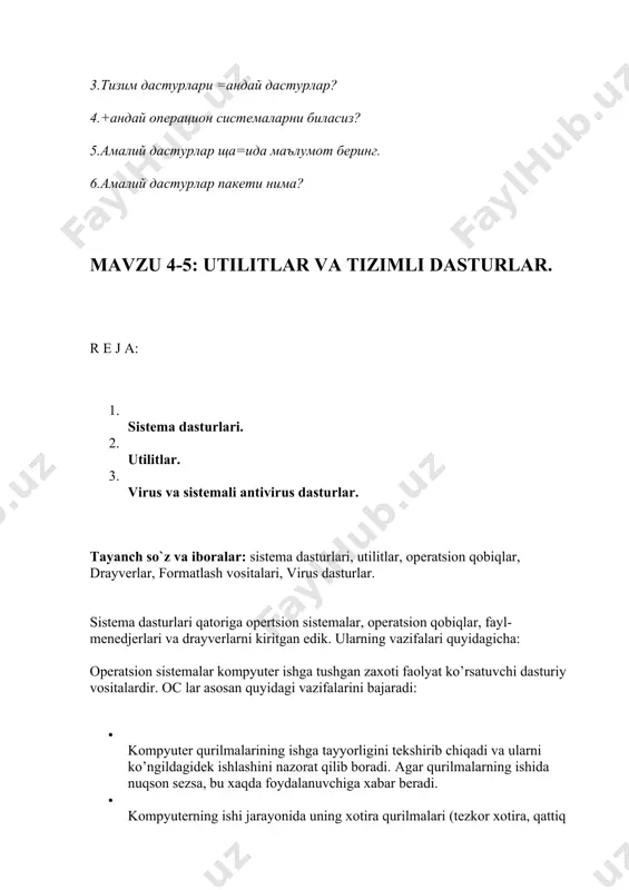 i sanab o‘tish mumkin. srm va ms dos lar bitta foydalanuvchi va bir masalali operatsion sistemalardir. os2 va windows esa ko‘p masalali bir foydalanuvchiga mo‘ljallangan. unix operatsion sistemasi ko‘p masalali va ko‘p foydalanuvchilarga mo‘ljallangan. nazorat savollari: 1.kompyutеr ишлаши учун =андай шарт зарур? 2.дастурий таъминот нечага былинади? 3.тизим дастурлари =андай дастурлар? 4.+андай операцион системаларни биласиз? 5.амалий дастурлар ща=ида маълумот беринг. 6.амалий дастурлар пакети нима? mavzu 4-5: utilitlar va tizimli dasturlar. r e j a: 1. sistema dasturlari. 2. utilitlar. 3. virus va sistemali antivirus dasturlar. tayanch so`z va iboralar: sistеma dasturlari, utilitlar, opеratsion qobiqlar, drayverlar, formatlash vositalari, virus dasturlar. sistema dasturlari qatoriga opertsion sistemalar, operatsion qobiqlar, fayl-menedjerlari va drayverlarni kiritgan edik. ularning vazifalari quyidagicha: operatsion sistemalar kompyuter ishga tushgan zaxoti faolyat ko’rsatuvchi dasturiy vositalardir. oc lar asosan quyidagi vazifalarini bajaradi: · kompyuter qurilmalarining ishga tayyorligini tekshirib chiqadi va ularni ko’ngildagidek ishlashini nazorat qilib boradi. agar qurilmalarning ishida nuqson sezsa, bu xaqda …