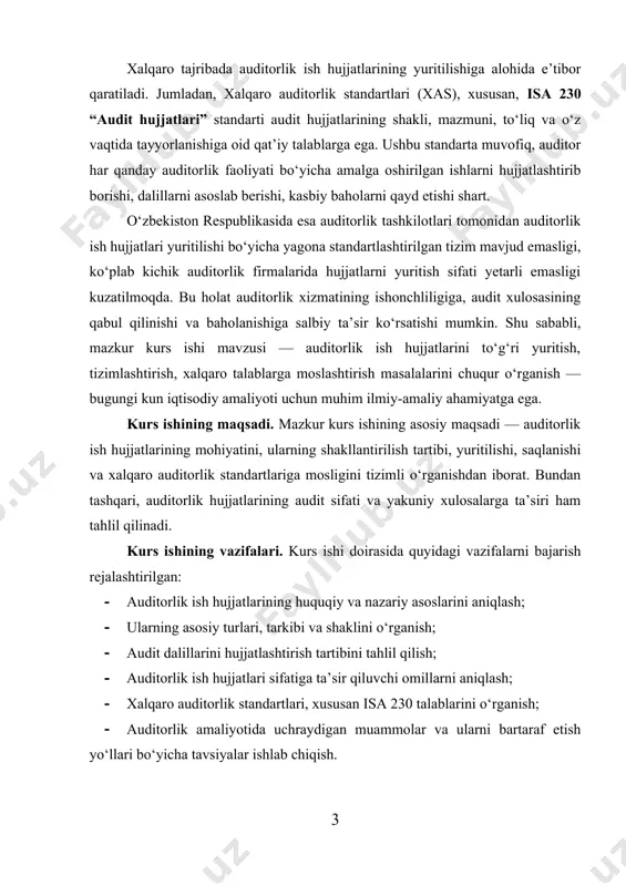 ifalari. kurs ishi doirasida quyidagi vazifalarni bajarish rejalashtirilgan: · auditorlik ish hujjatlarining huquqiy va nazariy asoslarini aniqlash; · ularning asosiy turlari, tarkibi va shaklini o‘rganish; · audit dalillarini hujjatlashtirish tartibini tahlil qilish; · auditorlik ish hujjatlari sifatiga ta’sir qiluvchi omillarni aniqlash; · xalqaro auditorlik standartlari, xususan isa 230 talablarini o‘rganish; · auditorlik amaliyotida uchraydigan muammolar va ularni bartaraf etish yo‘llari bo‘yicha tavsiyalar ishlab chiqish. kurs ishining obyekti. kurs ishi obyekti sifatida auditorlik tashkilotlarining xo‘jalik yurituvchi subyektlar faoliyatini tekshirish jarayonida yuritgan auditorlik ish hujjatlari, ularning mazmuni, shakli va yuritilish mexanizmi tanlab olingan. kurs ishining predmeti. ushbu kurs ishining predmeti — auditorlik tekshiruvlari davomida shakllantiriladigan ish hujjatlari, ularning audit dalillarini asoslashdagi o‘rni, auditorlik qarorlariga ta’siri, xalqaro talablarga muvofiqligi va audit jarayonining ishonchliligini ta’minlashdagi roli hisoblanadi. kurs ishining dolzarbligi va amaliy ahamiyati. auditorlik ish hujjatlari auditorlik faoliyatining huquqiy va professional kafolati sifatida xizmat qiladi. ularning to‘g‘ri yuritilishi auditorning kasbiy mas’uliyatini aks ettiradi, audit …