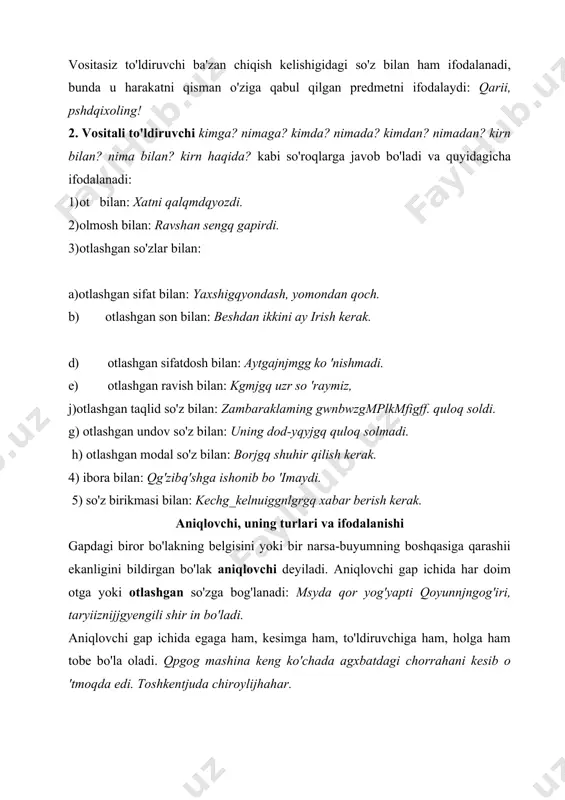 ch. b) otlashgan son bilan: beshdan ikkini ay irish kerak. d) otlashgan sifatdosh bilan: aytgajnjmgg ko 'nishmadi. e) otlashgan ravish bilan: kgmjgq uzr so 'raymiz, j)otlashgan taqlid so'z bilan: zambaraklaming gwnbwzgmplkmfigff. quloq soldi. g) otlashgan undov so'z bilan: uning dod-yqyjgq quloq solmadi. h) otlashgan modal so'z bilan: borjgq shuhir qilish kerak. 4) ibora bilan: qg'zibq'shga ishonib bo 'imaydi. 5) so'z birikmasi bilan: kechg_kelnuiggnlgrgq xabar berish kerak. aniqlovchi, uning turlari va ifodalanishi gapdagi biror bo'lakning belgisini yoki bir narsa-buyumning boshqasiga qarashii ekanligini bildirgan bo'lak aniqlovchi deyiladi. aniqlovchi gap ichida har doim otga yoki otlashgan so'zga bog'lanadi: msyda qor yog'yapti qoyunnjngog'iri, taryiiznijjgyengili shir in bo'ladi. aniqlovchi gap ichida egaga ham, kesimga ham, to'ldiruvchiga ham, holga ham tobe bo'la oladi. qpgog mashina keng ko'chada agxbatdagi chorrahani kesib o 'tmoqda edi. toshkentjuda chiroylijhahar.