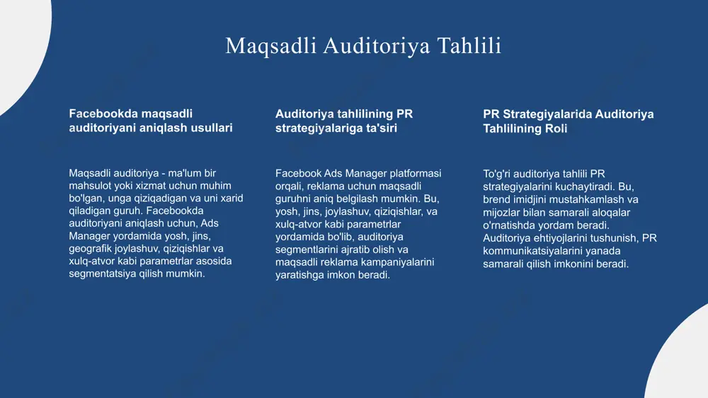 eativ fikrlar va bozor tahlili asosiy rol o'ynaydi, brainstorming usullari qo'llaniladi. muvaffaqiyatli pr uchun aniq maqsadlar, kreativ yondashuv va natijalarni baholash tizimi muhim, shuningdek, kommunikatsiya kanallari tanlanadi. kampaniyalarni amalga oshirish pr kampaniyasining muvaffaqiyati uchun bosqichlarni aniqlash muhimdir: rejalashtirish, resurslarni taqsimlash, jarayonni nazorat qilish va vaqt bilan byudjetni boshqarish. har bir bosqich uchun aniq maqsadlar belgilanishi zarur. muvaffaqiyatli amalga oshirish uchun samarali kommunikatsiya, maqsadli kontent yaratish, jamoatchilik bilan faol aloqada bo'lish va monitoring qilish muhim. muammolarni tezda aniqlab, ularga mos chora-tadbirlar ko'rish strategiyaning asosidir. natijalarni o'lchash va tahlil pr kampaniyalarining samaradorligini o'lchash usullari: kpi'lar, an'anaviy va raqamli metodlar, auditoriya o'zaro ta'siri, va kampaniya maqsadlariga mos keladigan indikatorlar. o'lchovlar va kpi'lar: muhim ko'rsatkichlar, natijalarni baholash uchun o'lchovlar, roi, reach, engagement, conversion va marka bilinirligi kabi mezonlar. tahlil natijalari asosida takliflar: ma'lumotlarni tahlil qilish, muammo va imkoniyatlarni aniqlash, strategik tavsiyalar ishlab chiqish va kelajakdagi pr kampaniyalarini optimallashtirish uchun asosiy xulosalar. kampaniyalarni yangilash va …