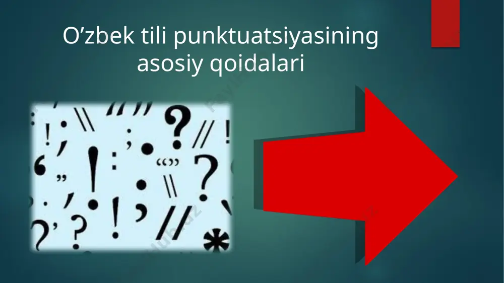 batini ifdalash uchun ba’zan matnda mazkur fikr-mulohaza bayon qilingan iqtiboslardan keyin qavsga olingan undov belgisi qo’yiladi. ko’pnuqta 1-mazmunan tugallanmagan darak gaplar oxirida ko’pnuqta qo’yiladi. 2-gapdagi turli uzilishlarni ko’rsatish uchun ko’pnuqta qo’yiladi. 3-gap muallifining o’ylanib qolish, ikkilaninsh, hayratlanish kabi holatlarini ko’rsatish uchun ko’pnuqta qo’yiladi. 4-nutqda kutilmaganda bir fikrdan boshqasiga o’tib ketishni ko’rsatish uchun gapda ayni o’tish o’rniga ko’pnuqta qo’yiladi. 5-gapda berilgan sanoqdagi qatorni yana davom ettirish mumkinligini, uning tugallanmaganligini ko’rsatish uchun ko’pnuqta qo’yiladi. 6-mazmuni aniq ochilmagan gaplardan keyin ko’pnuqta qo’yiladi va undan keyin shu mazmunni ochadigan gaplar keltiriladi. 7-matnda muayyan sabab bilan uzilib qolgan fikr bayonining davom ettirilganini ko’rsatish uchun gap boshiga ko’pnuqta qo’yiladi. 8-sarlavha vazifasia qo’llangan gaplardan keyin mazmunan taqozosiga muvofiq ko’pnuqta qo’yiladi. mundarija vergul 1-gapda bog'lovchisiz, tenglanish intonatsiyasi bilan bog'langan uyushiq bo'laklar bir-biridan vergul bilan ajratiladi 2-zidlovchi teng bog'lovchilar vositasida bog'langan uyushiq bo'laklar ishtirok etgan gaplarda mazkur bog'lovchilardan oldin vergul qo'yiladi 3-takror qo'llanuvchi teng bog'lovchi yoki bog'lovchi vazifasidagi birliklar …