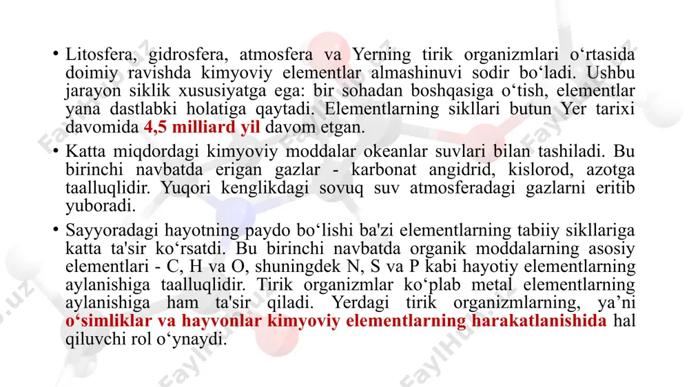 9 mln.km2 yoki uning 29 % ini tashkil etadi. gidrosferaning tarkibi (tuzulishi) va undagi suv hajmi gidrosfera tarkibi undagi suv hajmi, mln.km3 ulushi, % dunyo okeani 1370 93,96 yer osti suvlari 64 4,38 qutb muzliklari 24 1,65 ko‘llar va suv omborlari 0,28 0,02 tuproqdagi suv 0,085 0,01 atmosferadagi suv bug‘lari 0,014 0,001 daryo suvlari 0,0012 0,0001 jami suvlar: 1458,38 100 gidrosferaning tarkibiy qismlarini o‘rganish bilan qanday fanlar shug‘ullanishini ko‘rib chiqamiz. gidrologiya – tadqiqot doirasi er usti suv havzalari: daryolar, ko‘llar, botqoqliklar, kanallar, ko‘llar, suv omborlari. okeanologiya – okeanlarni glyasiologiya – yer muzliklarini meteorologiya – atmosferadagi suyuqlik va uning ob-havo va iqlimga ta'siri. gidrokimyo – suvning kimyoviy tarkibi gidrogeologiya – yer osti suvlari geokriologiya – qattiq suv: muzliklar va abadiy qorlar. gidrogeokimyo – butun gidrosferaning kimyoviy tarkibini o‘rganadigan yosh fan. yer sharining suv zahiralarining 98% dan ko‘pi - okean, dengiz va ko‘llarning sho‘r suvlaridir. chuchuk suv zahiralari 28,25 mln.km3 ga teng, …