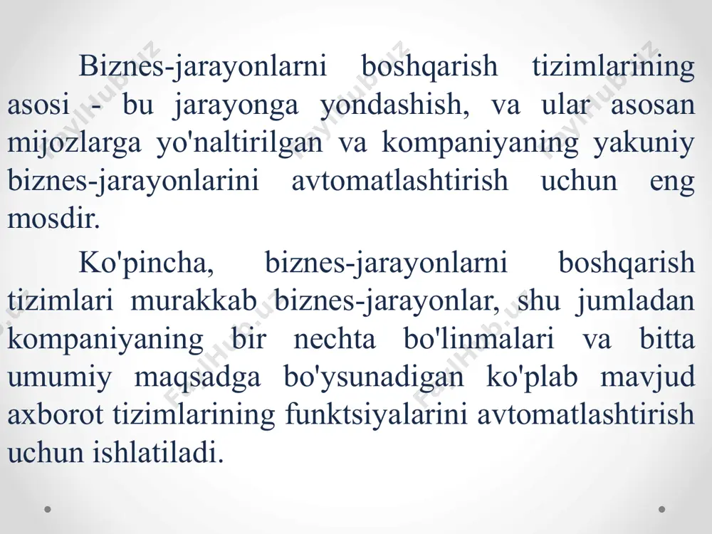 sh oqimlari, ma'lumotlar oqimi va hujjatlarni boshqarishni amalga oshiradi. modul, shuningdek, belgilangan ish qoidalarining bajarilishini kuzatadi; 10 jarayon interfeysi moduli. modul foydalanuvchilarga berilgan vazifalarni ko'rishga va ularni bajarishga imkon beradi; jarayonni boshqarish moduli. modul sizga jarayonlarni kuzatish, jarayon ko'rsatkichlarini olish, ularni tahlil qilish, ular asosida hisobotlarni tuzish imkonini beradi. monitoring sizga biznes jarayonlarini optimallashtirish va o'zgartirishlar kiritish imkonini beradi; bpm tizimini boshqarish moduli. modul sizga dasturiy ta'minotni sozlash, kirish huquqlarini tayinlash, boshqarish vositalarini boshqarish imkonini beradi. bugungi kunda biznesni boshqarishning maqbul strategiyalari uzoq muddatli raqobatdoshlik ustunligini yaratish va kompaniyaning investitsion jozibadorligini oshirishning asosiy omiliga aylanmoqda. samarali boshqaruv pul yoki moddiy qadriyatlar singari resursdir. aynan ushbu resurs doimiy o'zgarib turadigan bozor sharoitiga tezkor javob qaytarishga, korxona faoliyatining barcha jihatlarini nazorat qilishga, muammolarni tezda aniqlashga va harakatlarni eng zarur bo'lgan joyga jamlashga yordam beradi. 11 e’tiboringiz uchun rahmat kbuoysha69@gmail.com 998916069778 образец текста второй уровень третий уровень четвертый уровень пятый уровень image2.png image3.png