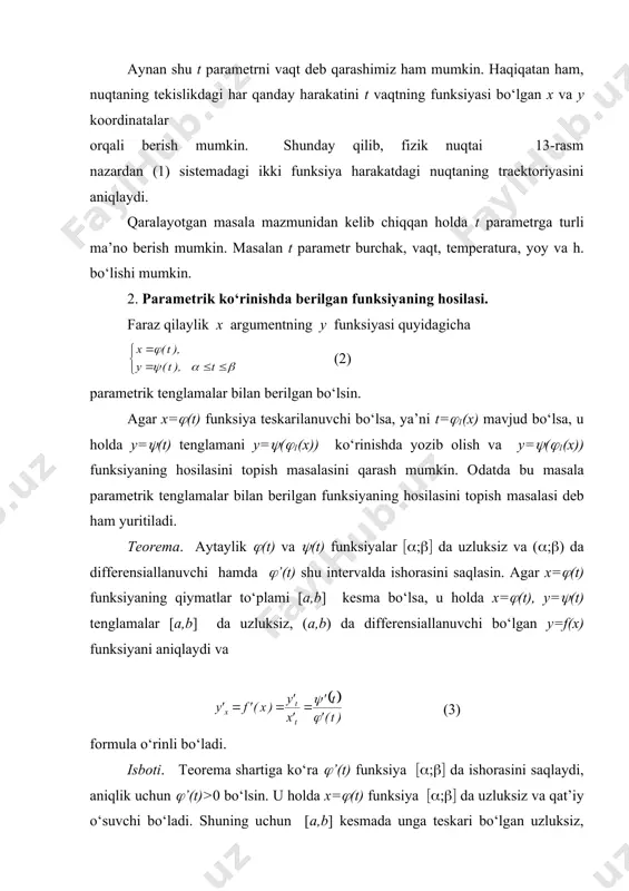 a m0 ga , m0m kesuvchi esa urinmaga intiladi. demak, hosila vektor parametrning o‘sish tomoniga urinma bo‘ylab yo‘nalgan vektor bo‘ladi. ravshanki, (10.3) tenglikdan ’(t0)= ekanligi, bundan esa hosilani hisoblashning asosiy qoidalari vektor-funksiyalar uchun ham o‘z kuchida qolishi kelib chiqadi. masalan: vektor-funksiyalar yig‘indisining hosilasi qo‘shiluvchi vektor-funksiyalar hosilalarining yig‘indisiga teng. xususan, ikki vektor-funksiyalar yig‘indisi uchun (10.5) ko‘rinishdagi formula o‘rinlidir. shunga o‘xshash, o‘zgarmas son ko‘paytuvchisini hosila ishorasidan tashqariga chiqarish mumkin: (10.6) endi vektor-funksiyalarga xos amallar bilan bog‘liq bo‘lgan hosilani hisoblashning ba’zi qoidalarini keltiramiz. bu qoidalarning isbotini o‘quvchilarga mashq sifatida qoldiramiz. 1. vektor-funksiyalarning skalyar ko‘paytmasidan olingan hosila ushbu formula bilan ifodalanadi: (10.7) 2. agar f(t) skalyar funksiya va (t) vektor-funksiya bo‘lsa, f(t)( (t) ko‘paytmaning hosilasi ushbu formula bo‘yicha hisoblanadi: (10.8) 3. 1(t) va 2(t) vektor-funksiyalarning vektor ko‘paytmasining hosilasi (10.9) formula bo‘yicha topiladi. adabiyotlar 1. azlarov. t., mansurov. x., matematik analiz. t.: «o‘zbekiston». 1 t: 1994, 2 t . 1995 2. toshmetov o‘. matematik analiz. …