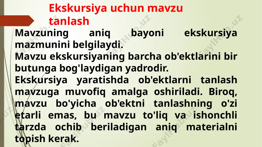 tobusda kirishni o'zlashtirish; har bir ob'ektni, uning og'zaki, xususiyatlari va ob'ektlar orasidagi avtobus (guruh) harakatini ko'rsatish uchun ajratilgan vaqtni o'tkazish; ko'rsatishning tanlangan uslubiy usullaridan foydalanishning maqsadga muvofiqligini tekshirish; ekskursiya guruhining joylashuvi va ob'ektlarni ko'rsatish uchun eng yaxshi nuqtalarni tanlang. ekskursiyaning nazorat matnini tayyorlash matn ekskursiyaga kiritilgan barcha kichik mavzularni to'liq ochib berish uchun zarur bo'lgan materialdir. matnga qo’yiladigan talablar: ixchamlik, so’zning ravshanligi, kerakli miqdordagi faktik materiallar, mavzu bo’yicha ma’lumotlarning mavjudligi, mavzuning to’liq ochib berilishi, adabiy til. ekskursiya paytida odamning harakati sayohat turlari: faol - inson mushak kuchi yordamida: quruqlik (velosiped)va suv (eshkakli qayiqlar) passiv - mexanik yoki boshqa drayvlar tomonidan boshqariladigan turli qurilmalar yordamida; hayvonlar bilan harakat qilish. transport vositalari quyidagilarga xizmat qilishi mumkin: turar joy (bir kechada) - kruiz kemalari, turistik poezdlar, uxlaydigan avtobuslar; ko'ngilochar ob'ekt - ko'ngilochar tadbirlar, ko'ngilochar maqsadlarda konkida uchish, sport musobaqalari, shou va ko'rgazmalar; tovar sotib olish ob'ekti - to'liq hajmdagi namunalar, namunaviy ko'rgazmalar; individual …