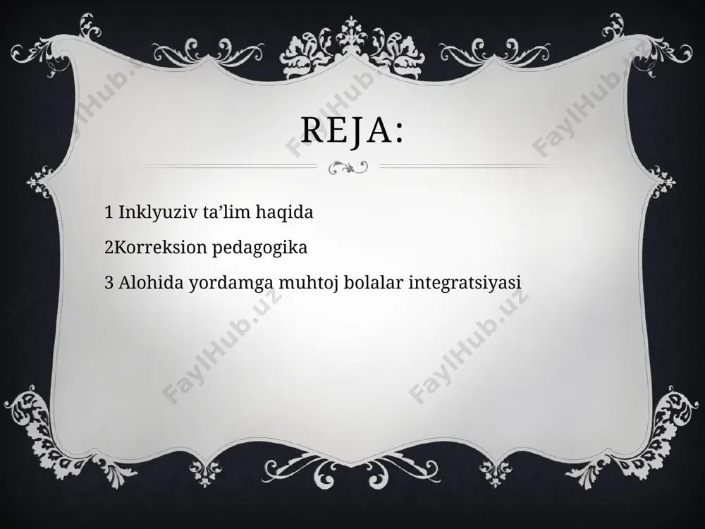 ptatsion –diagnostic korreksion integratsion bosqichlari birinchi bosqichda bola shaxsining rivojlanishiga tashxis qo‘yiladi, va u bilan reabilitatsion imkoniyati va eng maqbul korreksion – tarbiyaviy ishlari aniqlanadi. ikkinchi bosqichda bola bilan reabilitatsiya tadbirlari tashkil etiladi va o‘tkaziladi, hamda ota onasi yoki tarbiyachi reabilitatsion texnologiyalarga o‘qitiladi. uchinchi bosqichda ijtimoiy jamiyatda bolani integratsiyalash yollari aniqlanadi va ma’lum davr orasida jami kompleks reabilitatsiya olib boriladi. korreksion pedagogika korreksion pedagogika - jismoniy yoki ruhiy rivojlanishida kamchiliklari bor bolalarning rivojlanishidagi xususiyatlarini o‘rganadigan, ularning ta’lim-tarbiyasi bilan shug‘ullanadigan fandir. korreksiya so‘zi lotincha-tuzatish, bartaraf etish degan so‘zlardan olingan korreksion pedagogika fanida alohida yordamga muhtoj bolalarning toifalari : eshitish kamchiliklariga ega bolgan bolalar (kar, zaif eshituvchi bolalar’, kech kar bo‘lib qolgan bolalar); ko‘rish qobiliyati zaif (ko‘r, zaif ko‘ruvchi bolalar); aqli zaif bolalar; og‘ir nutqiy nuqsonlari bor bolalar; harakat-tayanch a’zolarida kamchiliklari bo‘lgan bolalar; ruhiy rivojlanishi orqada qolgan bolalar. rivojlanishida murakkab ko‘p nuqsonli bolalar; autizm sindromli bolalar. пользователь windows (пw) - alohida yordam …
