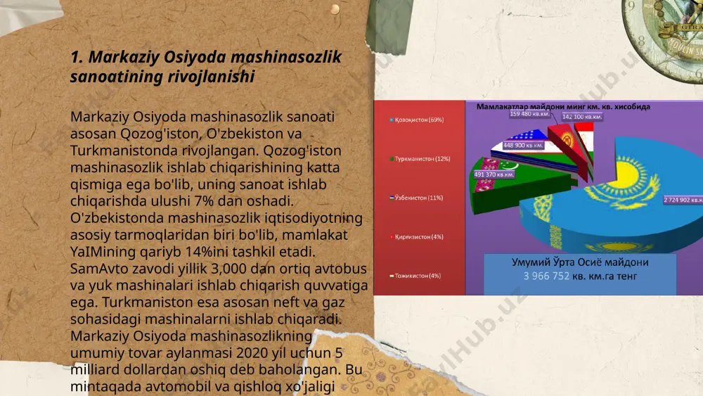 abellari va qismlarida ishlatiladi. titan og‘irligi yengil va bardoshli, tibbiyot va aerokosmik sohalarda qo‘llanadi. plastmassalar esa yengilligi va shakllanishining qulayligi bilan ajralib turadi, maishiy va sanoat mahsulotlari ishlab chiqarishda qo‘llaniladi. ushbu materiallar bilan ishlashda har birining harorat, kuchlanish va kimyoviy ta'sirlarga chidamliligini hisobga olish kerak. markaziy osiyo mashinasozlik sanoati ibragimov muxtor e'tiboringiz uchun raxmat! image1.png image2.png image3.png image4.jpeg image5.png image6.jpeg