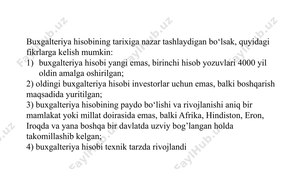 ash va qayta tayyorlash bilan xalqaro professional tashkilotlar bilan aloqa qilish bilan hisobni boshqarish tizimini qaytadan tashkil etish yo’li bilan buxgalteriya hisobi va hisobotini korxona, muassasa va tashkilot rahbari tashkil etadi va u quyidagi huquqlarga ega: bosh buxgalter rahbarligida buxgalteriya hisobi xizmati tashkil etish yoki shartnoma asosida jalb qilingan buxgalterlar xizmatidan foydalanish; buxgalteriya hisobini yuritishda shartnoma asosida ixtisoslashgan buxgalteriya firmalariga yoki tarkibiga buxgalteriya hisobi sub’ekti kiradigan markazlashgan xo‘jalik birlashmalari hisobi bo‘limiga topshirish; - buxgalteriya hisobini mustaqil yuritish. korxona, muassasa va tashkilot rahbarlariga quyidagilarni ta’minlash mas’uliyati yuklatiladi hisobda qo‘llaniladigan o‘lchovlar, ularning ahamiyati. natura o‘lchovlari – hisobga olinayotgan xo‘jalik mablag’lari va ularning xarakatlarini natura holida ifodalash uchun xizmat qiladi. natura o‘lchovlarini qo‘llash hisobga olinayotgan ob’ektning xususiyatlari, ya’ni uning fizik va iste’mol hossasi fark qiladi. masalan, hisob ob’ektlari: og’irlik birligida (gramm, kilogramm, tsentner, tonna); hajm birligida (metr, kubometr); uzunlik birligida (santimetr, metr, kilometr); hisob birligida (dona, bosh) va boshqalarda o‘lchanadi. natura o‘lchov birliklari …