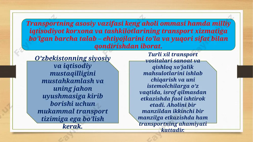 ransporti – temir yo’l avtomobil, tasmali transport, osma arqon transporti rivoj topgan. 1920 – 91 yillarda respublika transportning asosiy turlari sobiq ittifoqning markaziy vazirliklariga yoki ylarning o’rta osiyo, o’zbekiston bo’yicha hududiy boshqarmalariga bo’ysungan: temir yo’l transportiga o’rta osiyo temir yo’l boshqarmasi, suv transportiga o’rta osiyo davlat paroxodchiligi boshqarmasi havo transportiga ittifoq fuqoro aviatsii, vazirligining o’zbekiston fuqoro aviatsiya boshqarmasi, umumiy foydalanishdagi avtomobil transportiga o’zbekiston ssr avtomobil transporti vazirligi rahbarlik qilgan. o’zbekistonda temir yo’llar qurish o’zining ma’lum tarixiga ega. mamlakat hududida birinchi temir yo’l 1999 yilda farob stantsiyasidan samarqand shahrigacha qurilgan bo’lib, u turkmanboshi (sobiq krasnovodsk shahri) – chorjuy teminr yo’l tarmogining davomi edi. uning qurilishi keyinchalik davom ettirilib, 1899 yili andijon va toshkent shaxrigacha etkazilgan edi. o’zbekistonda temir yo’llar qurish o’zining ma’lum tarixiga ega. mamlakat hududida birinchi temir yo’l 1999 yilda farob stantsiyasidan samarqand shahrigacha qurilgan bo’lib, u turkmanboshi (sobiq krasnovodsk shahri) – chorjuy teminr yo’l tarmogining davomi edi. uning qurilishi …