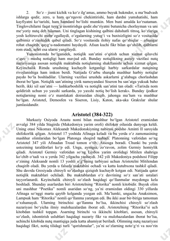 qlik muhim rol o‘ynagan. sitseron shunday yozgan edi: ―insonni hurmat-ehtirom va shuhratining eng yuksak cho‘qqilariga ikki tur san‘at olib chiqishi mumkin: biri lashkarboshichilik bo‘lsa, boshqasi yaxshi rotiqlik san‘ati. keyingisiga tinch hayot ne‘matlarining saqlanishi bog‘liq bo‘lsa, birinchisiga urush xavfini bartaraf etish bog‘liq‖. rim notiqlik sa‘natida ikki yo‘nalish shakllanadi: osiyocha usul (azianizm) va attika usuli. osiyocha usul iskandarning o‘limidan keyin ko‘p o‘tmay kichik osiyoda paydo bo‘ldi. unga hashamdorlik, patetika (ehtiroslilik), tashqi effektlarga moyillik xos edi. attika uslubi tarafdorlari esa afinalik notiqlarga xos sodda, qisqa, aniq nutq mezonlariga rioya qilishni tartib etganlar. osiyocha usul vakillaridan eng mashhuri kvint gortenziy gortal bo‘lsa, gay yuliy sezar va mark yuliy brut attika uslubi notiqlri jumlasiga kiradi. rim notiqlik san‘ati nazariyasiga muvofiq nutq quyidagi shakl va tarkibiy qismlardan iborat bo‘lishi lozim: 1) kirish (exorido) ; 2) ko‘riladigan masalaning bayoni (narratio); 3) himoya yoki aybnomaning asosiy moddasini ko‘rib chiqish (tractratio) 4) xulosa (peroratio). himoyalovchi va qoralovchi nutqining eng …